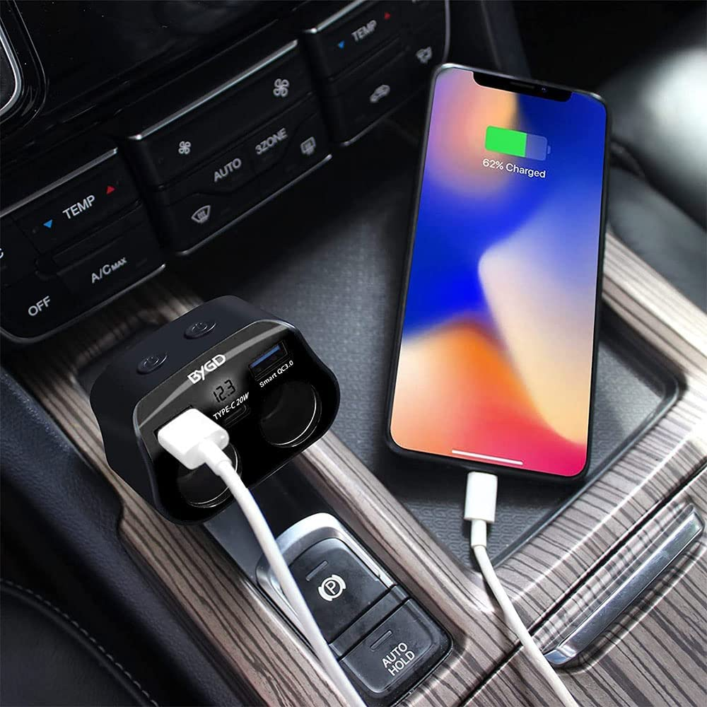 Car Cigarette Lighter Adapter, 12V/24V 2-Socket Power Cigarette Lighter Splitter with Dual USB Ports Multifunction Car Charger Adapter Independent On/Off Switches and LED Voltage Display(Black) image number 3