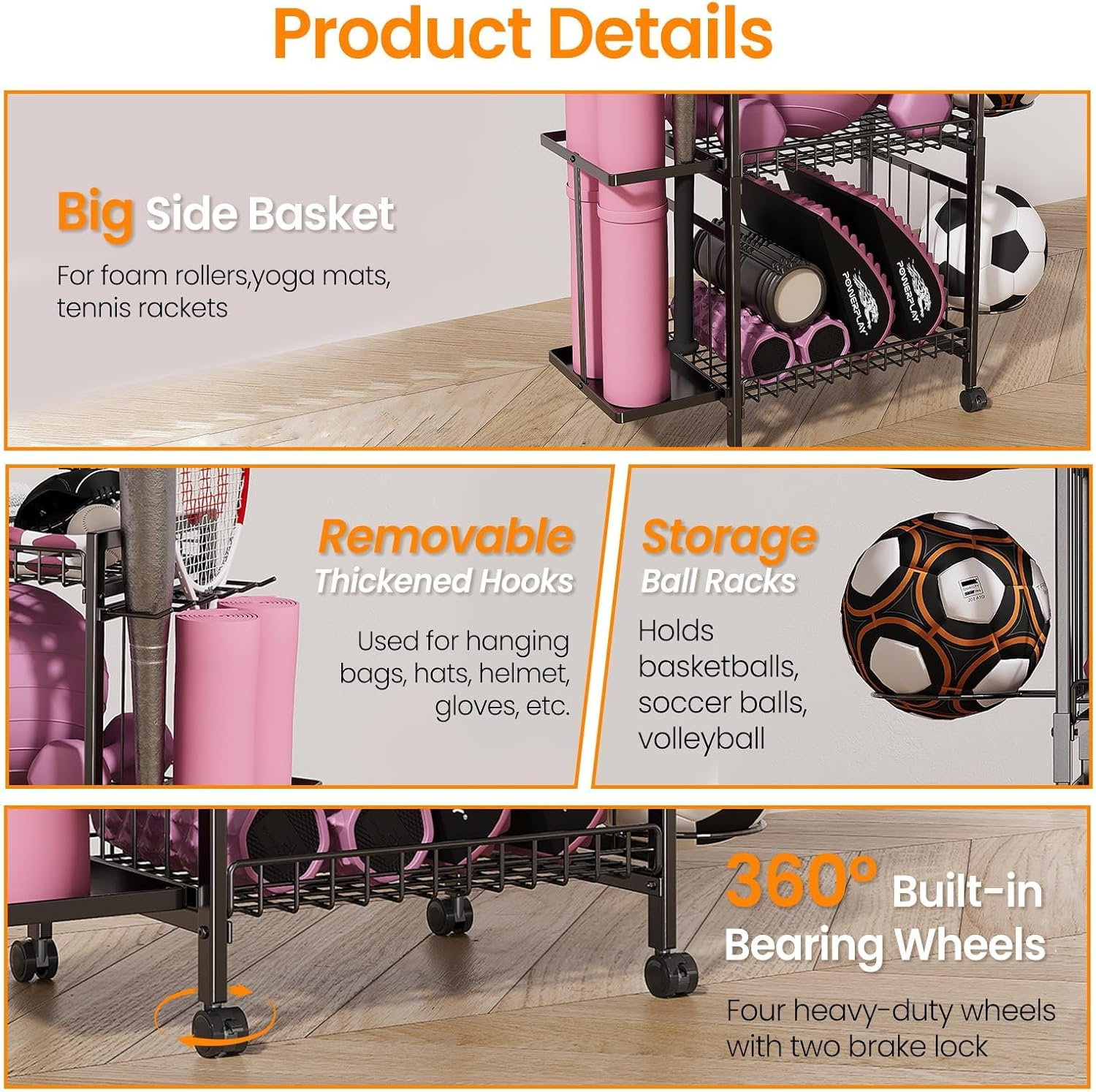 AILRINNI 3-Tier Yoga Rack - Large Capacity, Duty Home Gym, Large-Capacity Sturdy Yoga Mat Storage Rack, Waterproof & Rust-Resistant Fitness Rack, 360&deg; Swivel Wheels & Hooks, for Pilates/Home/Gym - Space-Saving image number 3