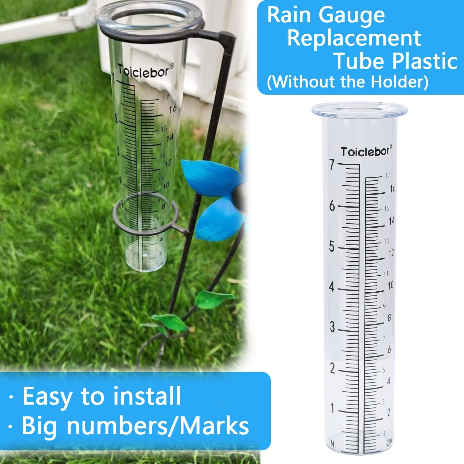 7" Capacity Rain Gauge Replacement Tube Plastic,Freeze Proof Tube,Big Numbers with Red Float Marker,Clear,8.11 Inch Height,Model RM-T01 image number 1