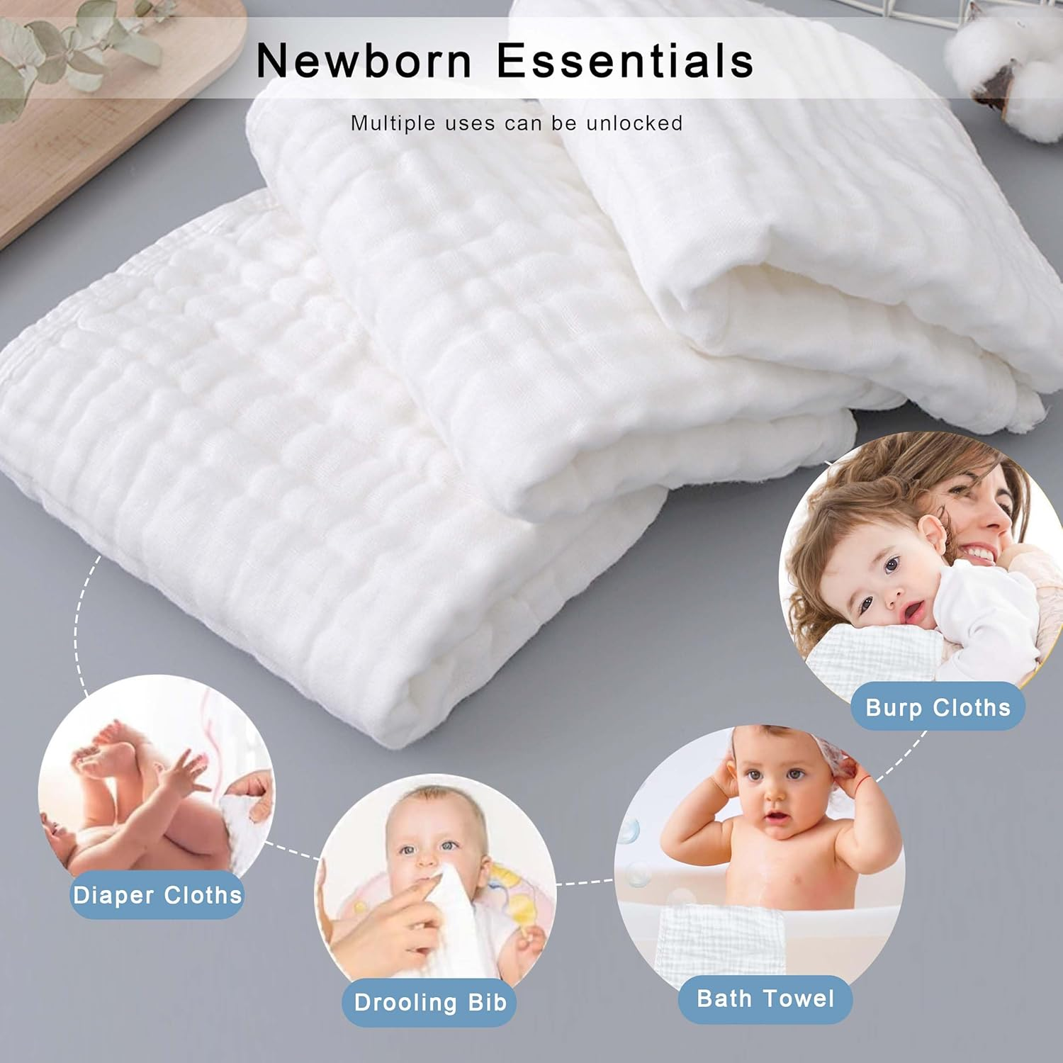 10-Pack Burp Cloths,100% Cotton Muslin Thickened Baby Burp Cloths Super Soft and Absorbent, Newborn Towels 20" X 10" (White+Blue) image number 5