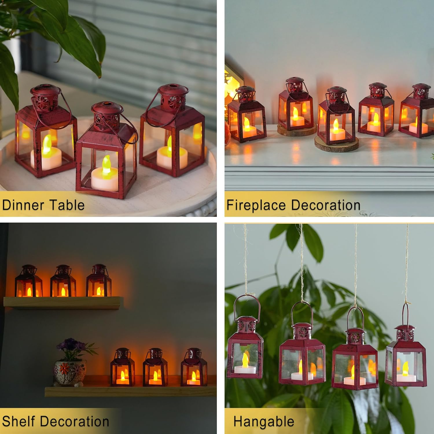 TRIROCKS Pack of 6 Small Metal Candle Lanterns Vintage Hanging Tea Light Holders Decorative Candle Holders for Table Valentine'S Day Patio Indoor Outdoor Gifts (Red) image number 4