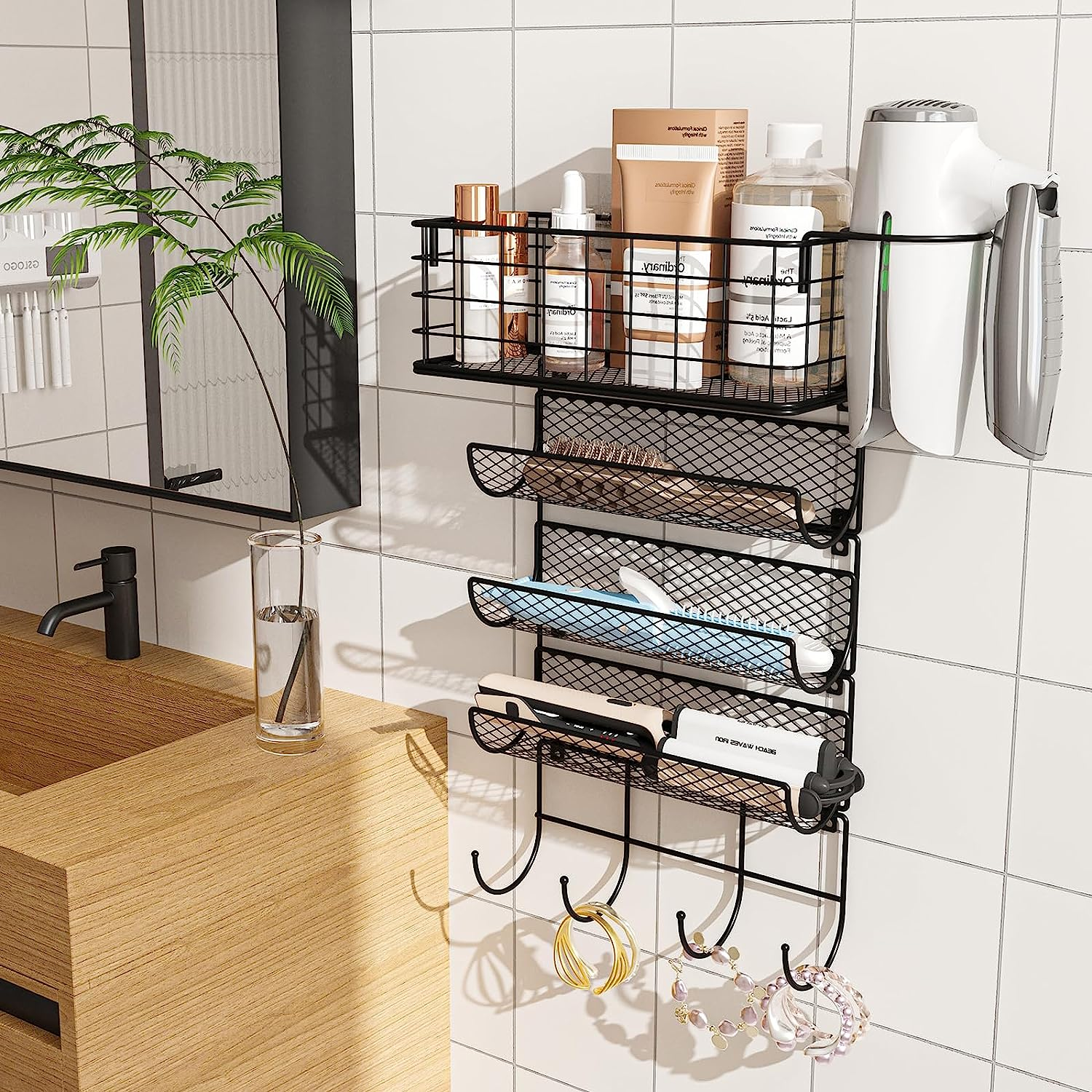Wall-Mounted Hair Dryer Holder Styling Tool Organizer 4-Shelf Storage Wire Basket with Hook Heat Safe Rack for Hair-Straighteners,Curling Wands,Flat Iron,Perfume,Cabinet Door Bathroom Kitchen