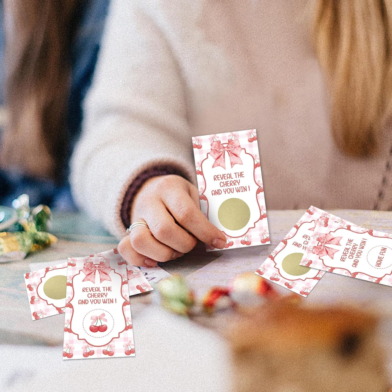 192REWIDPARTY 32 Pcs Cherry Theme Scratch off Cards, Watercolor Pink Bow Scratch off Tickets, Cherry Baby Shower Prize Raffle Tickets, Funny Birthday Baby Shower Party Cards Supplies for Family Friend image number 5