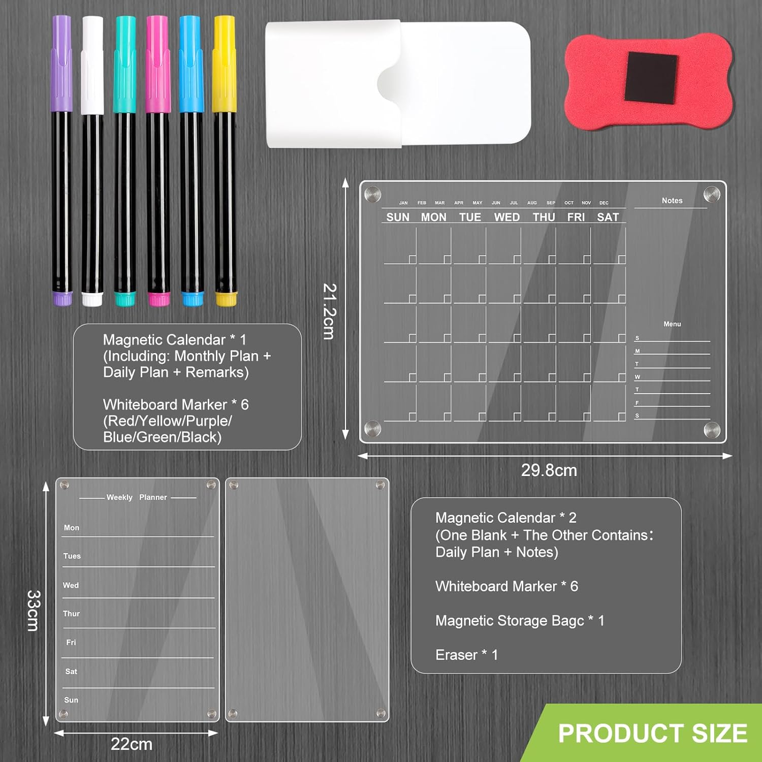 2 Magnetic Fridge Calendar 33X22Cm,Acrylic Clear Fridge Calendar Magnetic,Reusable Weekly/Monthly Planner for Family,Office,To Do List Meal Plan Board| Includes 6 Markers,Eraser and Pen Holder - 1 Magnetic Planner + 6 Markers image number 7