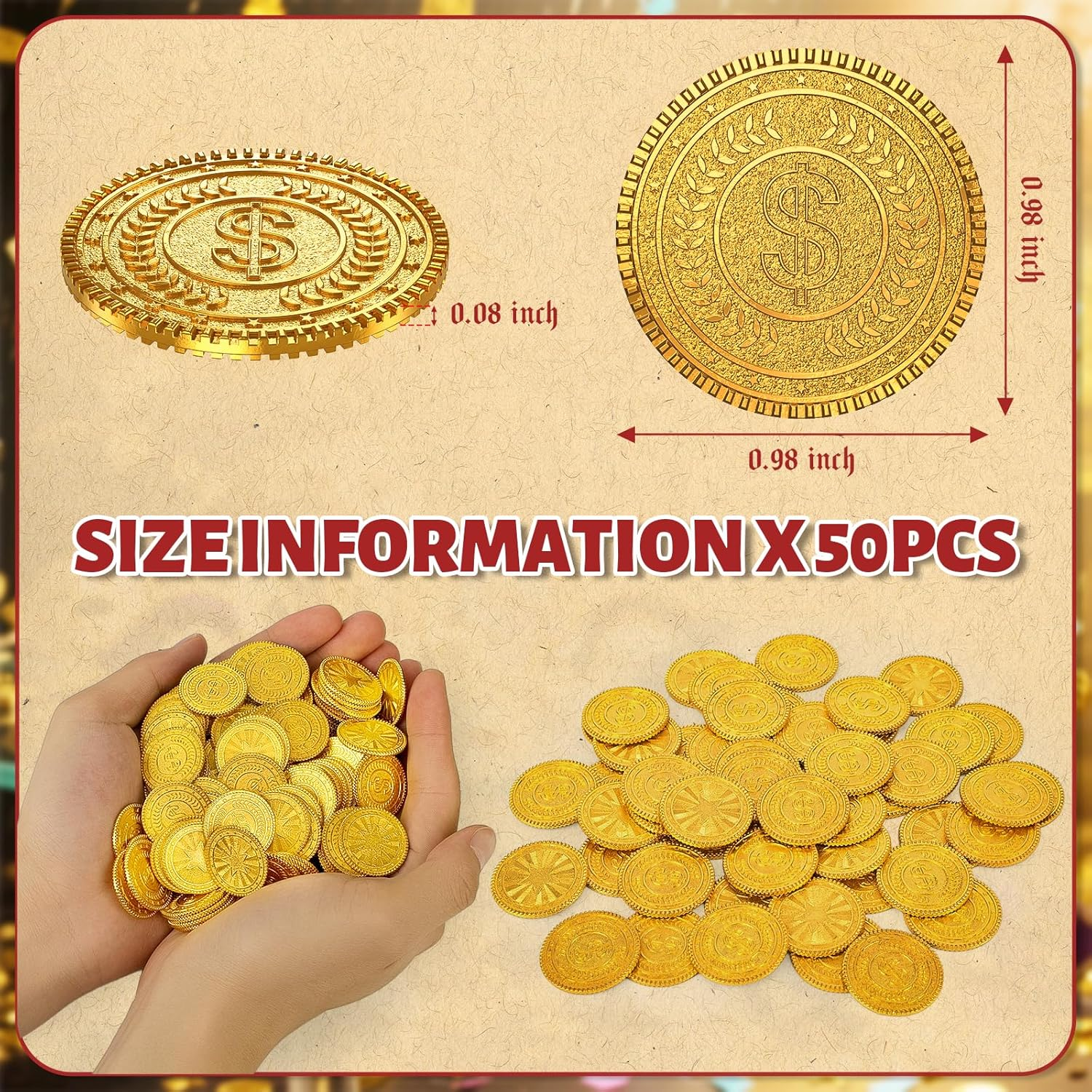 Byhoo 50 PCS Metal Gold Coins,Dnd Pirate Coins, Stress Relief Tool,With Velvet Drawstring Pouch for Board Games, Role - Playing, Treasure Hunts,Pirate Adventure Themed Play Favor image number 6