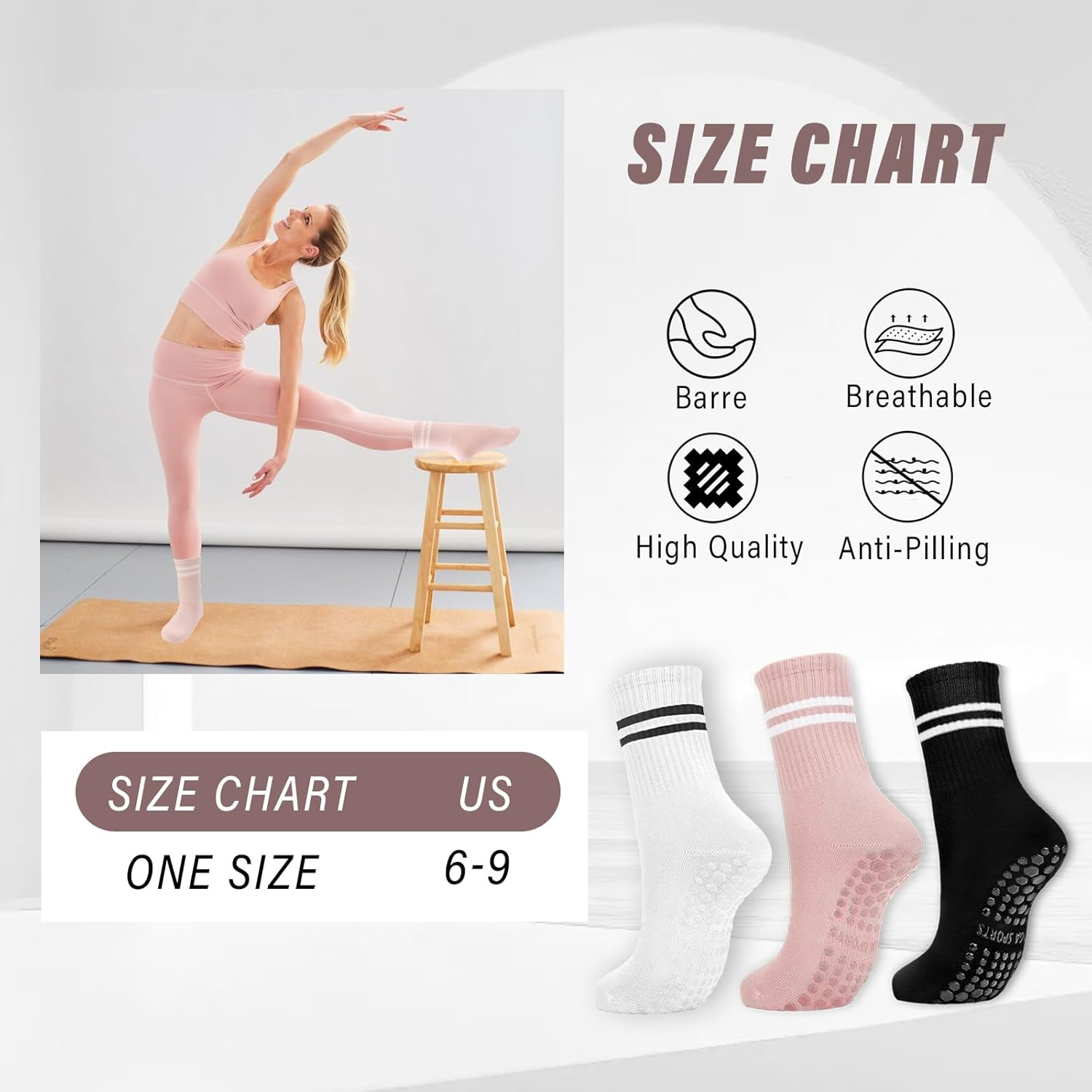 Viiotu Pilates Socks Women with Grips, Reformer Pilates Grip Socks, Non Slip Yoga Socks for Gym, Dance, Work Out - 3 Pairs, Black image number 7