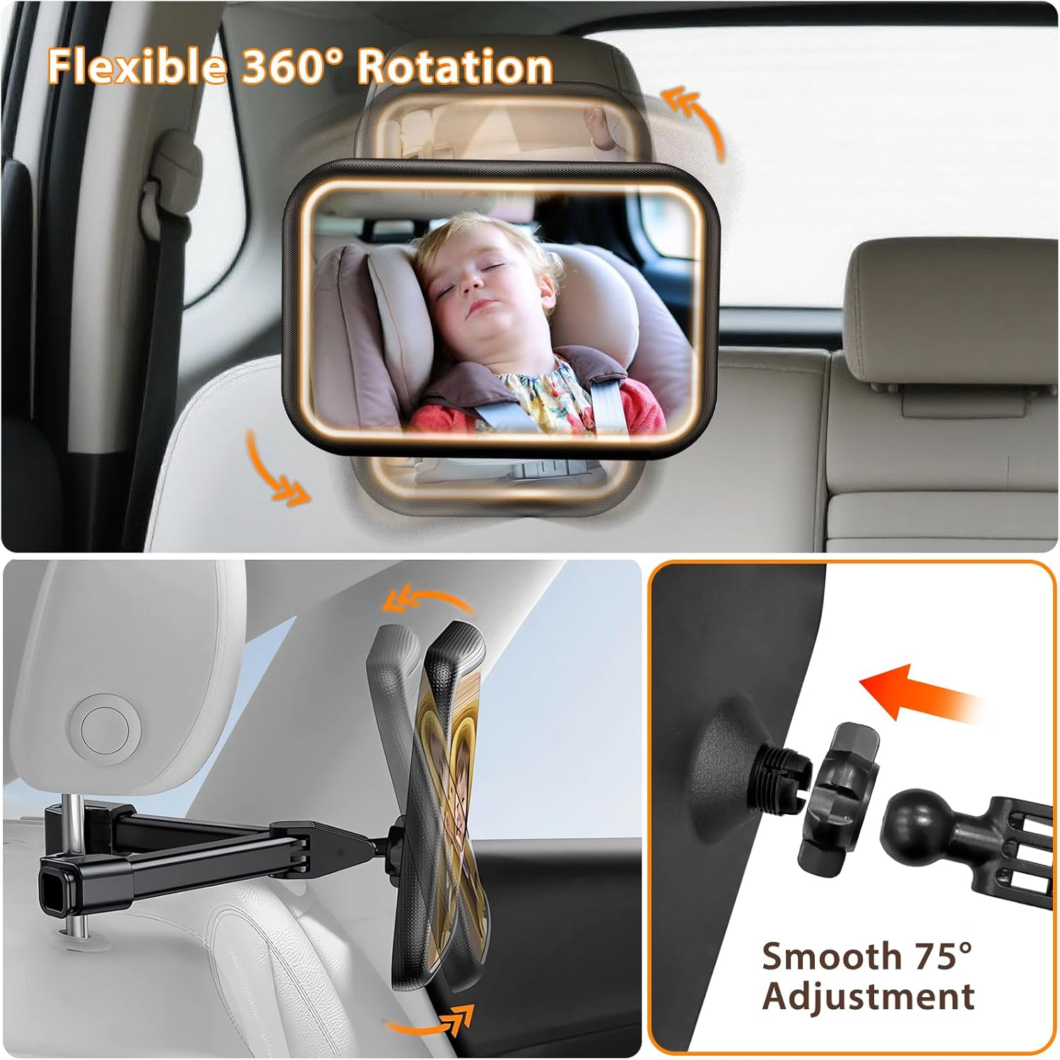 Baby Car Mirror with Night Light, Safety Shatterproof Car Seat Mirror for Child, Hook Clip Design Never Shake, Wide Clear View & 360&deg; Rotation Adjustable Car Mirror, New Born Baby Essentials image number 6