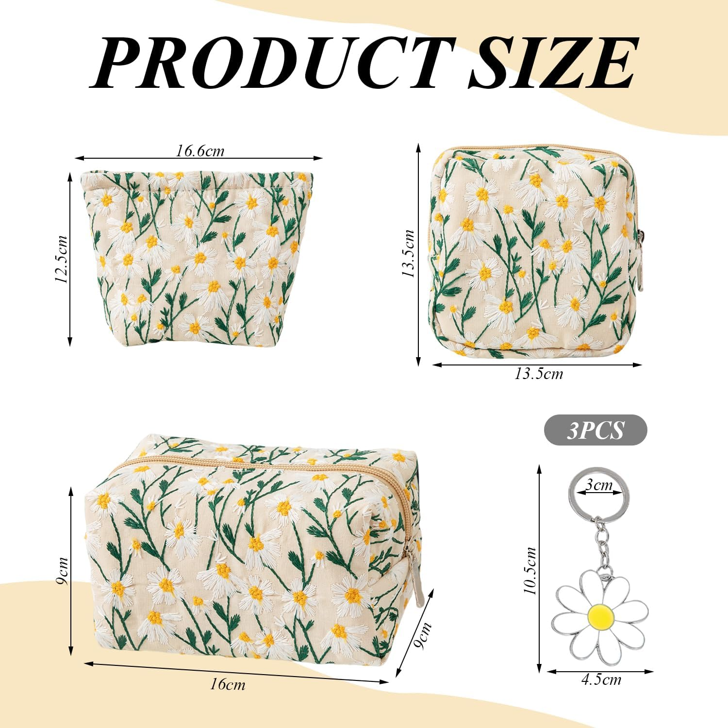 ATBUSS Pack of 3 Bags, 3 Keychains, Large Capacity Canvas Bags, Flower Shaped Clutches, Beauty Storage Bags, Fresh Daisy Pendants, Gifts for Friends