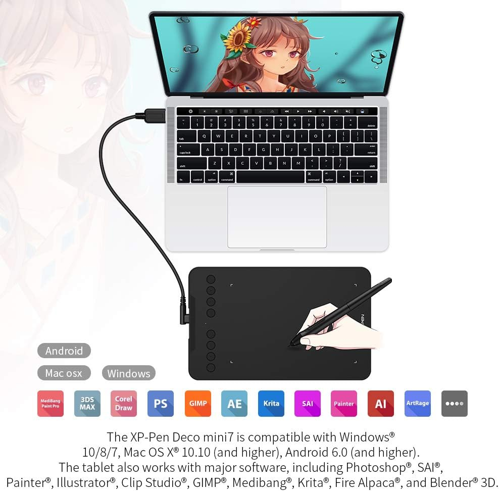 Xppen Updated Deco Mini7 V2 Drawing Tablet-16384 Levels of Pressure Battery-Free Stylus, 7 X 4 OSU Drawing Pad, 8 Hotkeys for Digital Art, Teaching, Gaming Graphic Tablet for Chrome, PC, Mac, Android image number 6