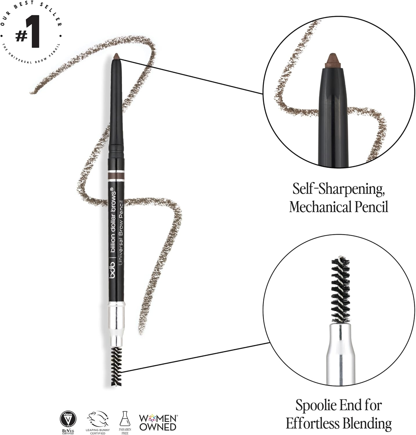 Billion Dollar Brows Universal Eyebrow Pencil &ndash; Dual-Ended Design with Precision Tip & Spoolie, Matte Finish, Waterproof, Easy to Use, Vegan & Cruelty-Free for Perfectly Defined Brows image number 2