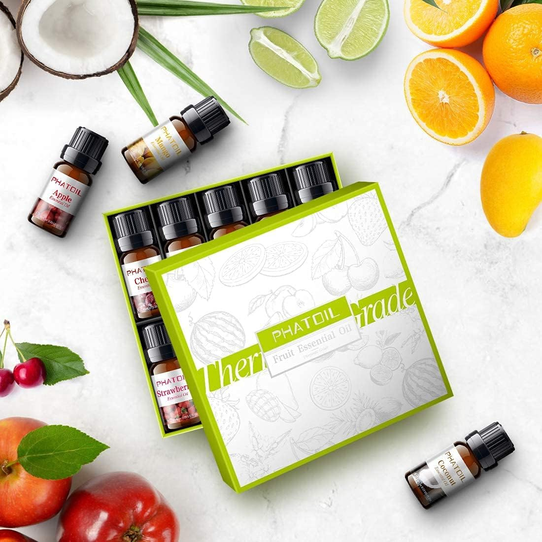 PHATOIL Fruity Fragrance Essential Oil Set 10 X 10 Ml, Aromatherapy Premium Grade Oils Kit, Cherry, Mango, Coconut, Lemon, Apple, Passion Fruit, Watermelon, Sweet Orange, Lime, Strawberry image number 3
