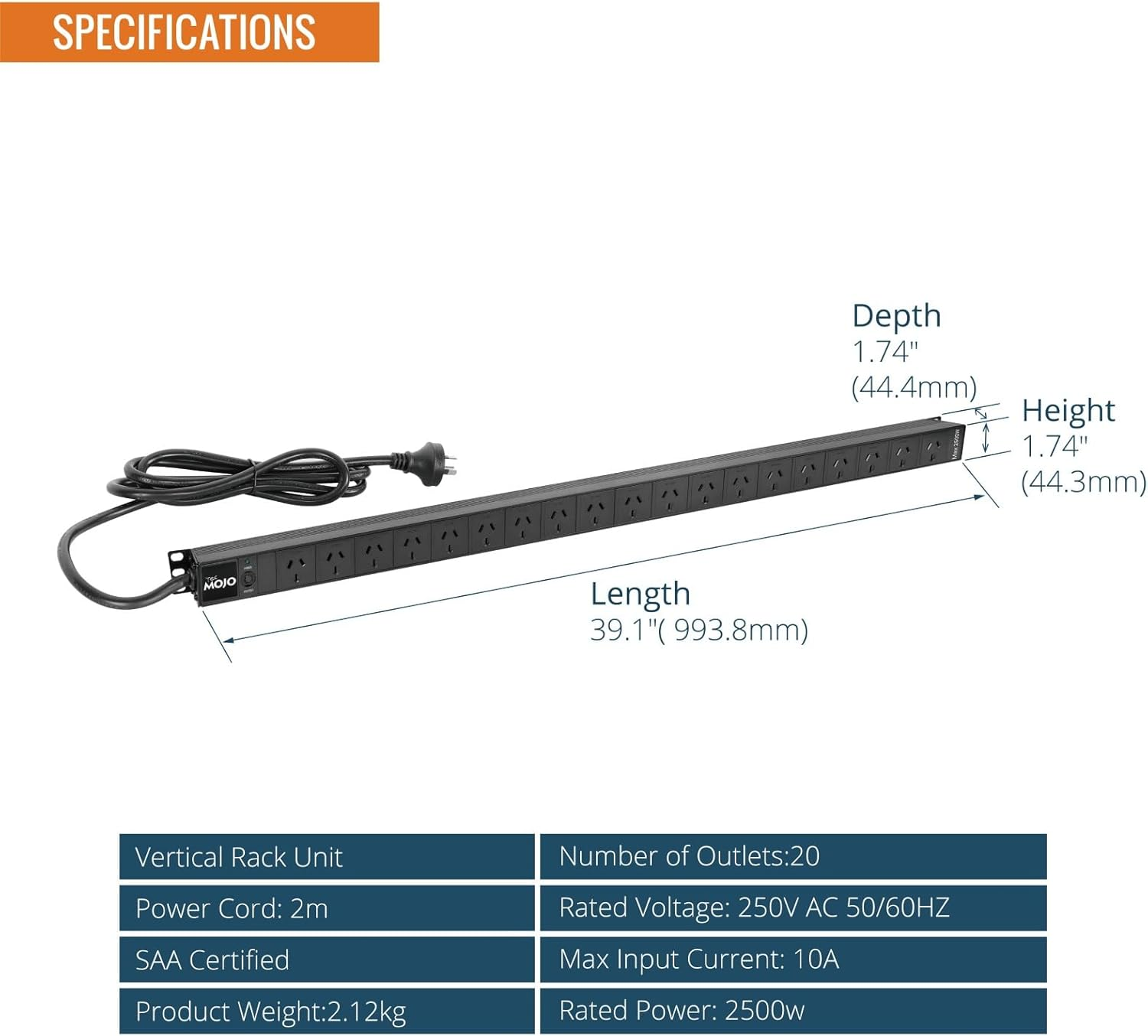 Tecmojo Vertical PDU Power Strip, 20 Outlets Rack Mount Power Distribution Unit for Server Cabinet, 10A Power Plug with 2M Power Cord, Overload Protection, 250V 50/60HZ image number 1