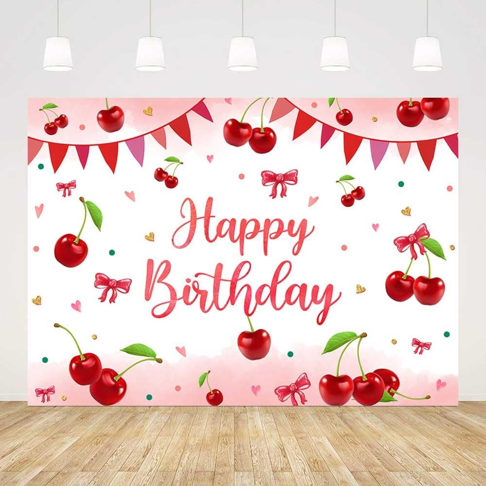 AIBIIN 7X5Ft Cherry Birthday Backdrop Red Bowknot Cherries Girl Birthday Decoration Background Sweet Cherries Banner for Girls Birthday Cake Smash Party Supplies Photo Booth Props image number 2