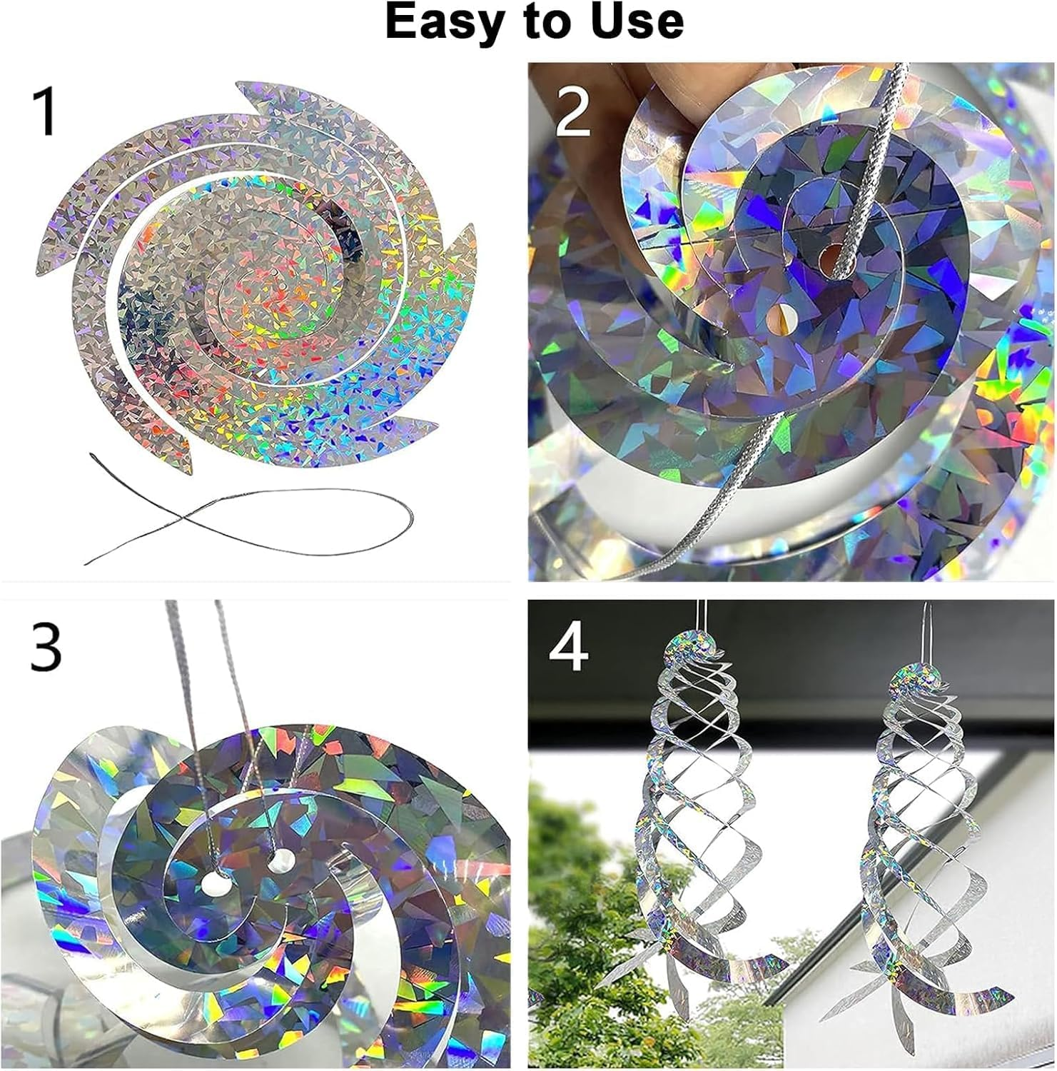 Limcryspp 4Pieces of Anti-Bird Spiral Reflector, Anti-Bird Spiral Reflector Scare Tool, Hanging Reflection to Scare Pigeons and Other Small Birds Anti-Bird Device (4, Silver) image number 5