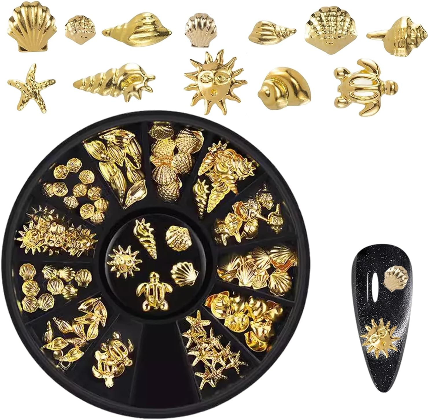 Nail Charms Gold, 122 Pieces 3D Gel Nail Art Charms Nails, Ocean Summer Sea Star Shell Rivets Charm Set, Metal Nail Design for Gel and Acrylic Nails, Golden 3D Nail Art DIY image number 2