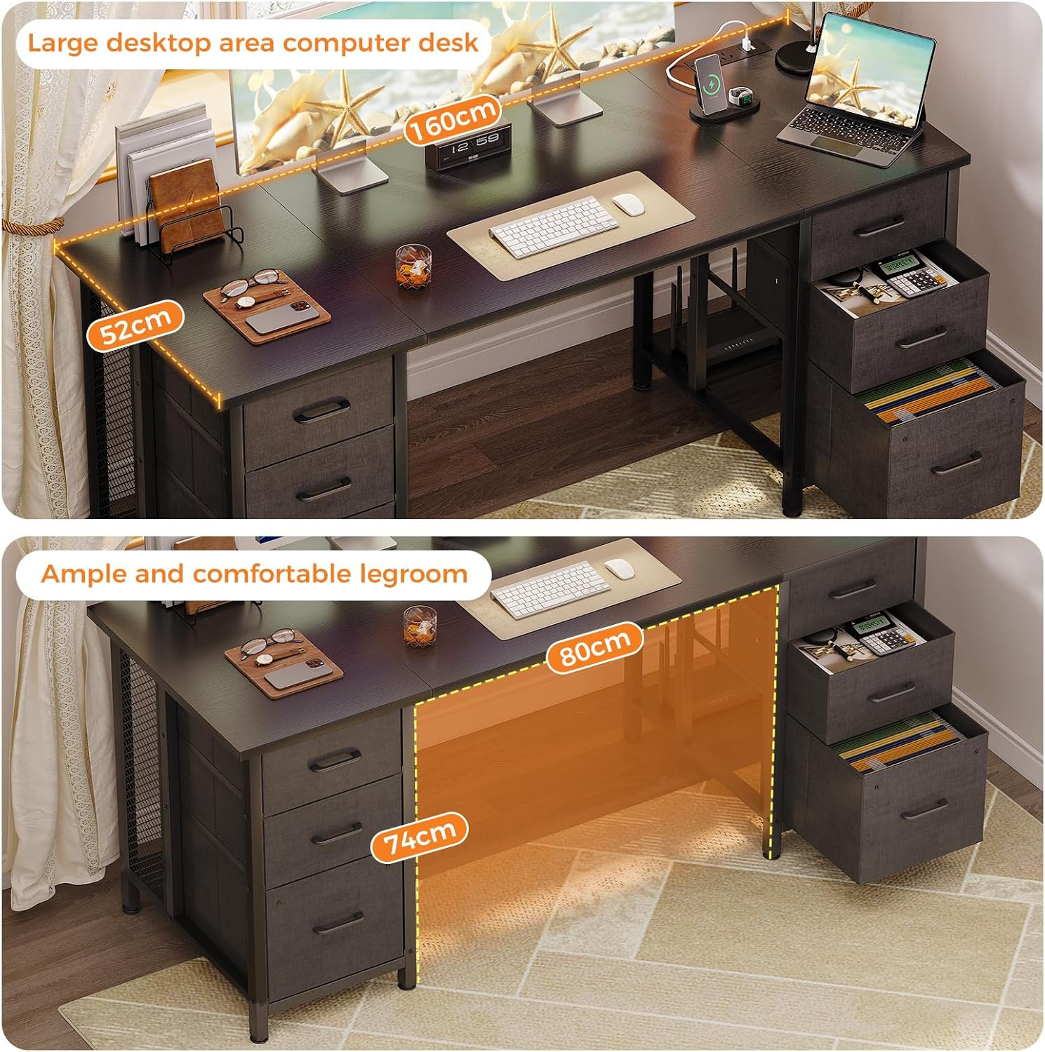 ODK 160Cm Computer Desk with 2 File Cabinets and 4 Fabric Drawers, Home Office Desk with Power Outlets, PC Table with Storage,Study Table for Bedroom Office Gaming,160 * 53 * 76Cm,Black image number 2