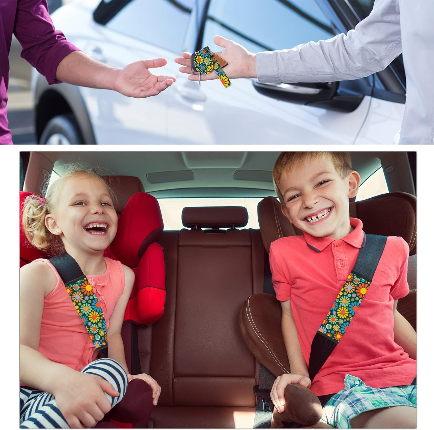 Tallew Abstract Hippie Flower Car Accessories Set - Car Seat Covers, Steering Wheel Cover, License Frames, Armrest Cover, Seat Belt, Cup Holder, Keyrings image number 2