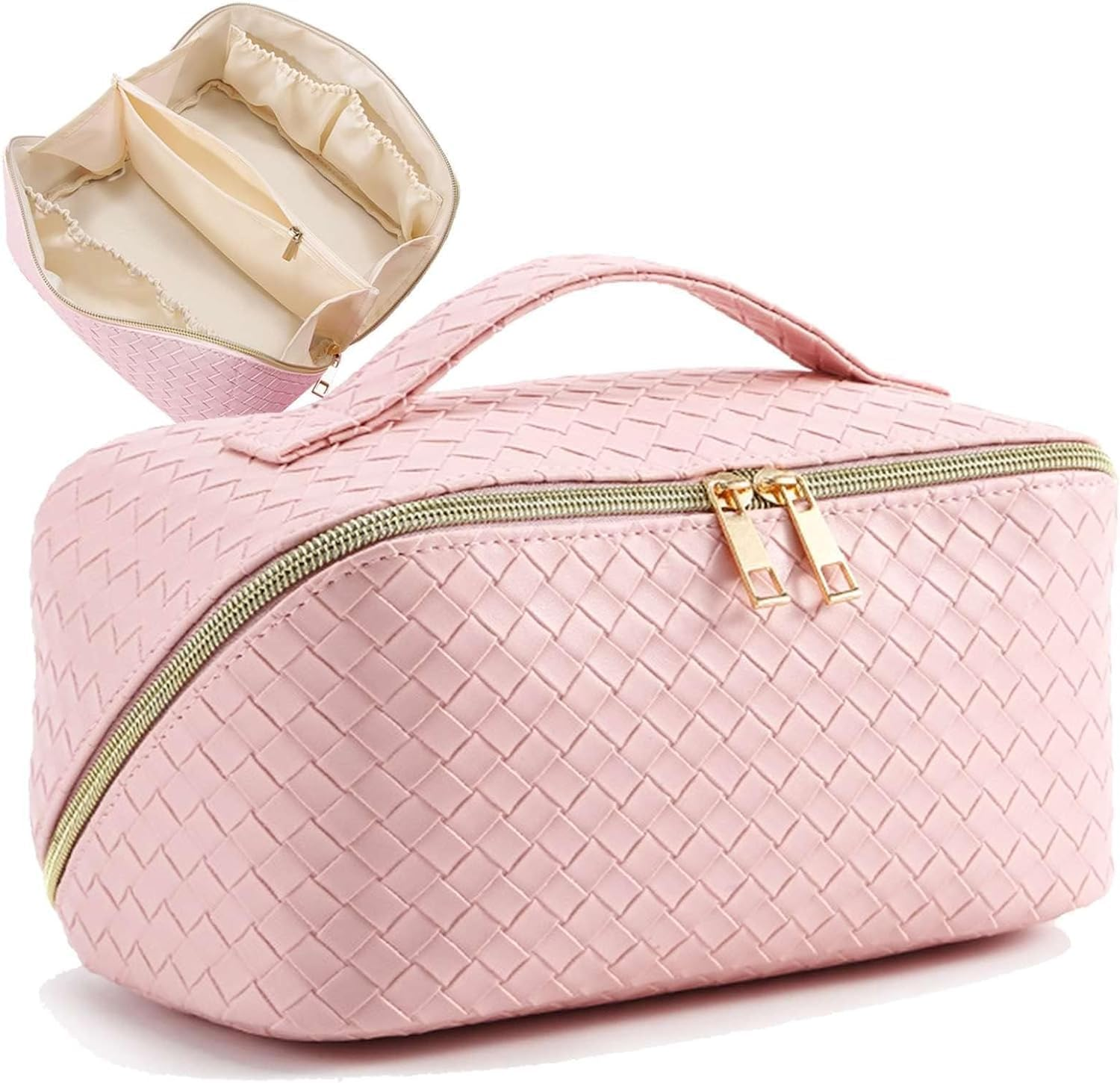 Large Capacity Travel Cosmetic Bag,Makeup Bag,Pu Leather Waterproof Cosmetic Bag,Women Portable Travel Makeup Bag with Handle and Divider Flat Lay Makeup Organizer Bag image number 1