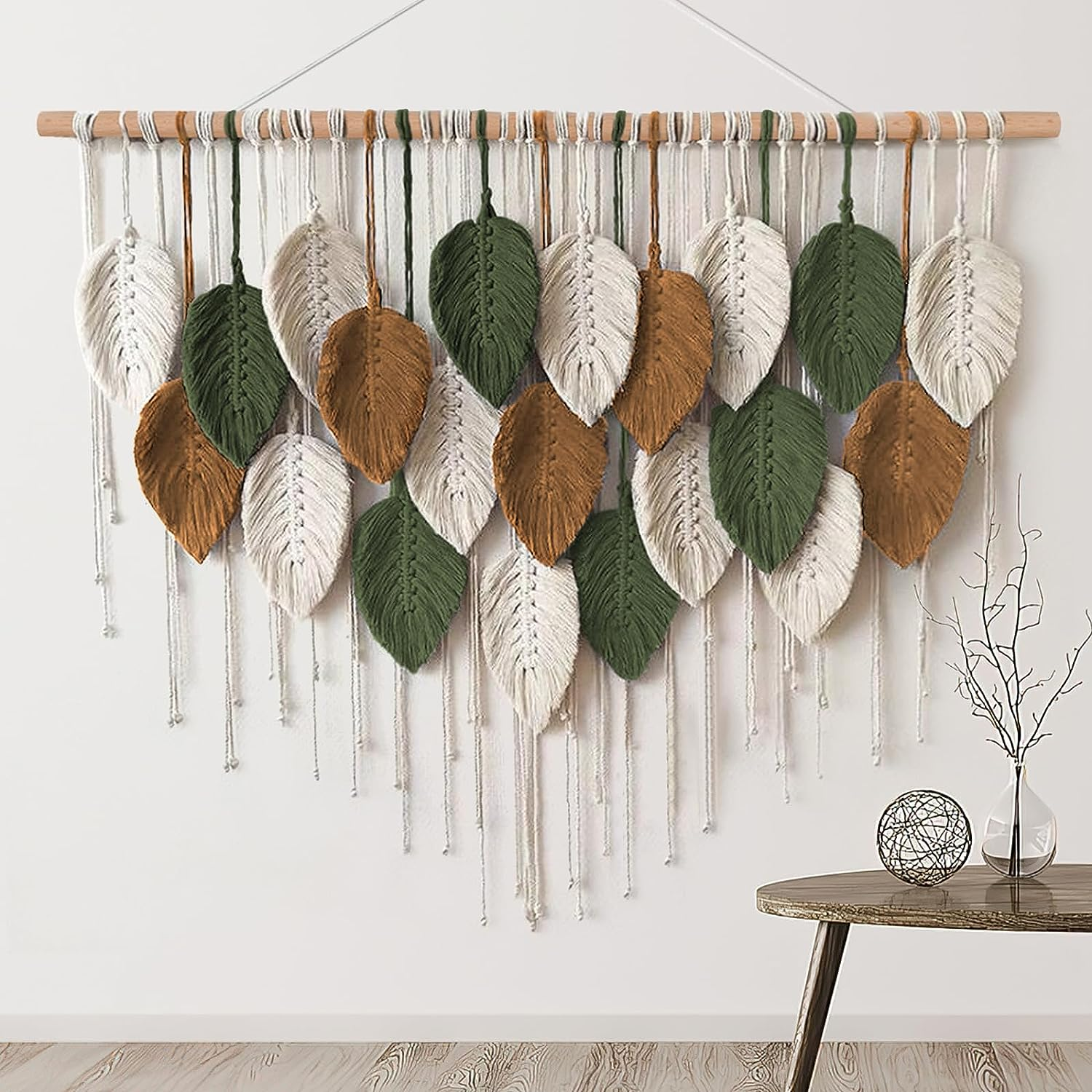 KHOYIME Large Macrame Wall Hanging Boho Woven Tapestry, Chic Home Decor Modern Bohemian Handmade Leaf Feather Wall Art Decorations for Apartment Dorm Living Room Bedroom Nursery Backdrop 39"W X 29.5"L image number 2