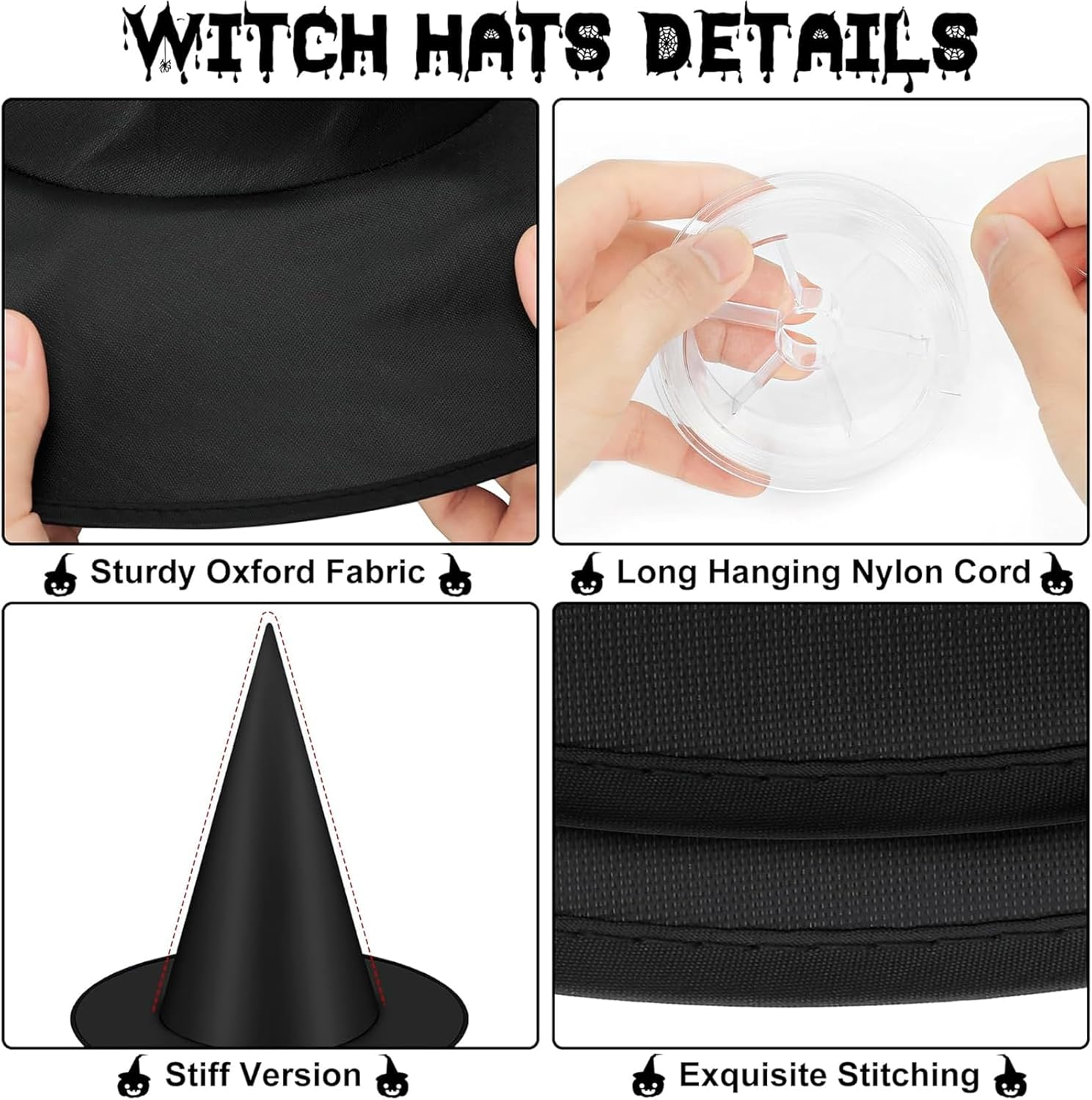 Weidllys 12 PCS Halloween Witch Hats, Black Hanging Witch Hat, Witch Costume Accessories Witches Hat with 328 FT Nylon Cord Wizard Hats Indoor Outdoor Halloween Decorations for Home Yard Porch Ceiling
