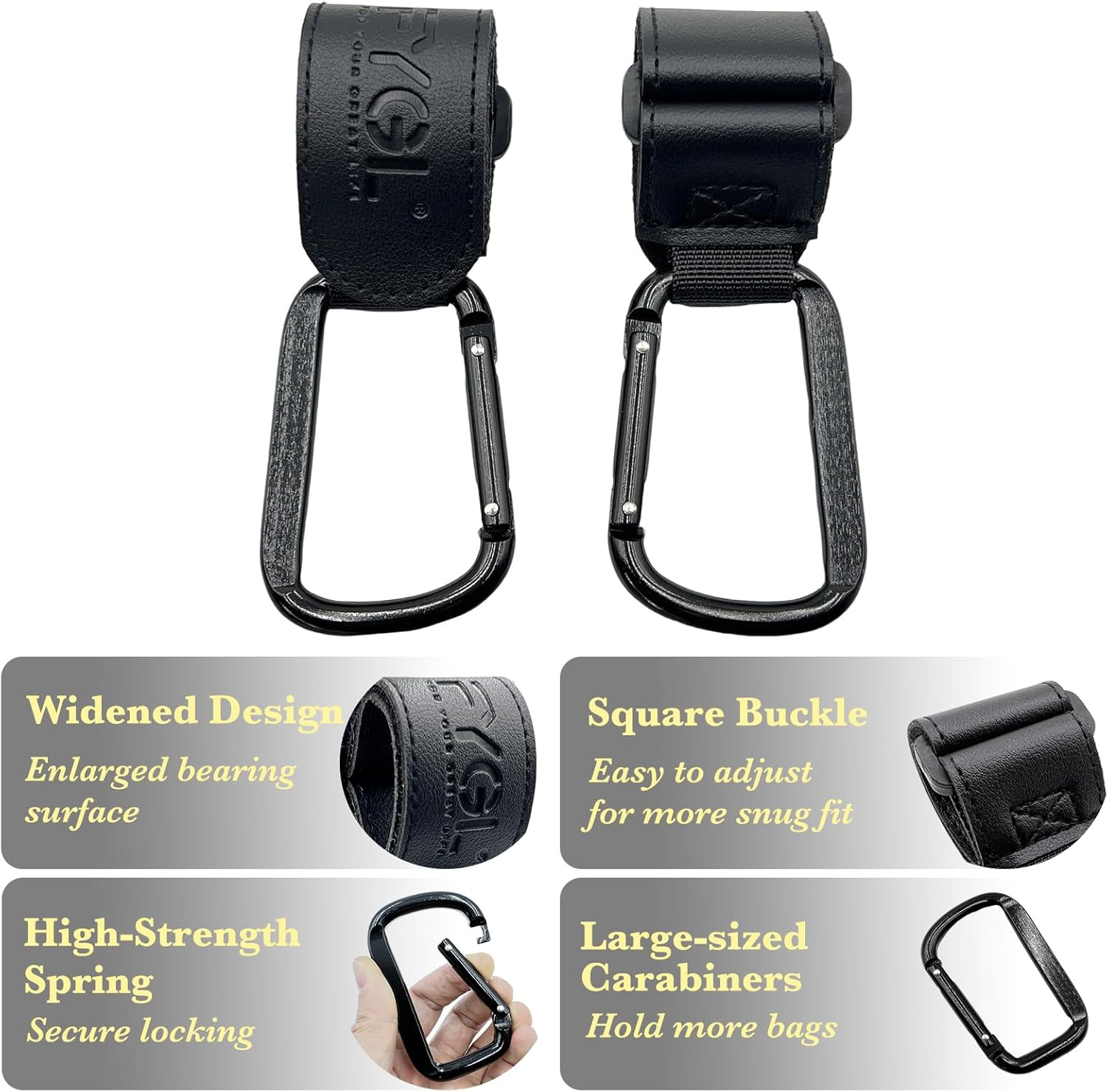 Stroller-Hooks - Adjustable Stroller Carabiner Clips, Universal Stroller Clips and Hooks for Parents and Travelers - Ideal Stroller Accessories for Shopping, Travel, and Baby Gear - Black, 2 Pack