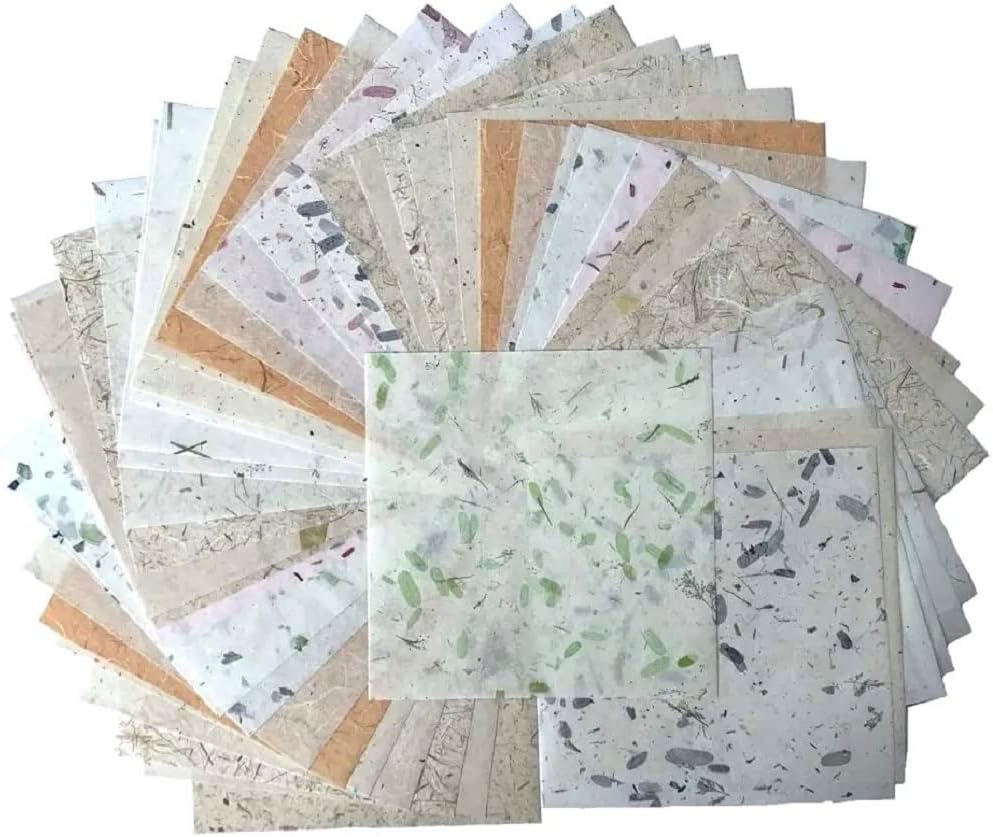 8 X 8 Inches Natural Fiber Leaves Banana Bark Mulberry Paper Sheets 50 Sheets Square Origami Paper Arts Folding Craft, Square Folding Paper for DIY Crafts (Mixed Leaves,Banana Bark, Etc., 8"X8") image number 4