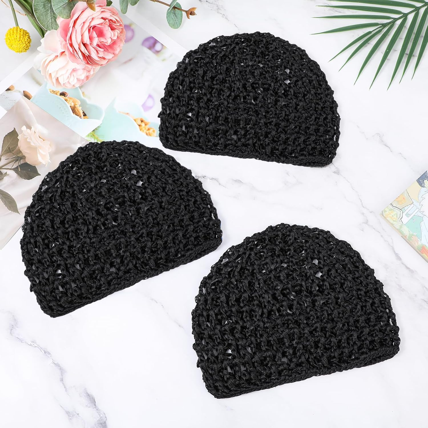 3Pcs Hair Net Soft Rayon Mesh Crocheted Hairnet Sleep Cap Mesh Cover Curls Hair Net Snoods Elastic Hairnet Hairs Cover Accessories for Women Men Night Sleeping Thick Long Short Curls Hairs - Black image number 6