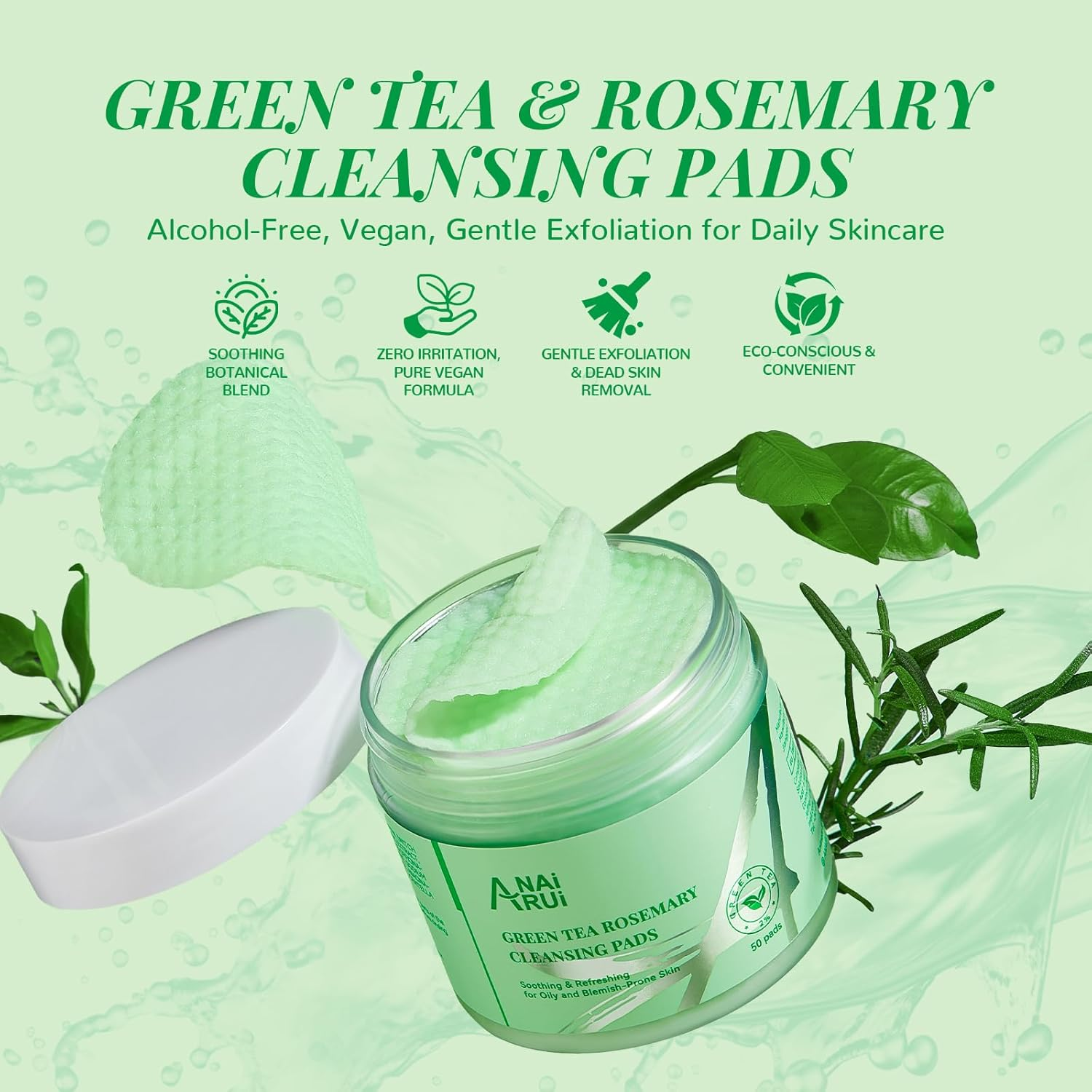 ANAI RUI Green Tea Rosemary Cleansing Pads with Bubbles, Make-Up Remover Pads, Face Scrub Pad with Tea Tree Oil Centella, Exfoliating Deep Cleansing Pad for Face and Body, 50 PCS image number 4