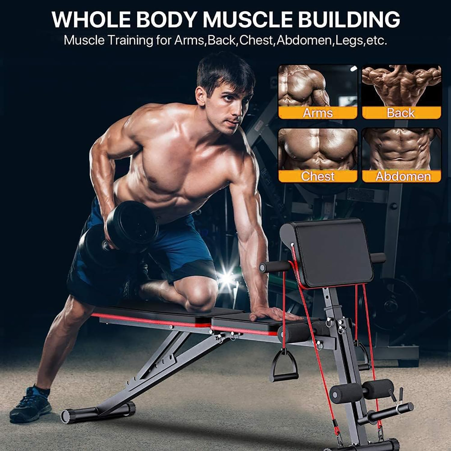 Adjustable Weight Bench, Foldable Full Body Exercise Workout Bench 150KG Capacity Utility Bench for Home Gym Full Body Fitness Training Benches with Elastic Ropes image number 5