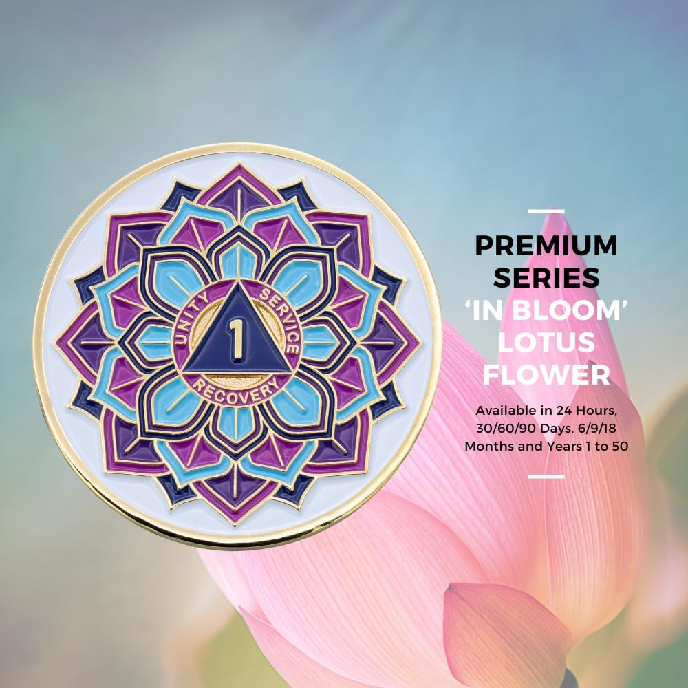 30 Days AA Coin - Sobriety Mint 'In Bloom' Lotus Flower Recovery Medallion/Chip - White/Gold - 1 Month image number 3