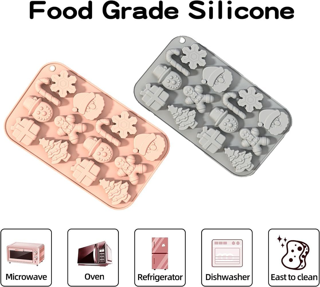 Christmas Silicone Molds,2 PCS 14 Cavities Candy Baking Molds,For Mini Cakes, Handmade Soap, Chocolate, Jello, Candy and Candles,With Snowflake Gingerbread Santa Snowman Molds image number 4