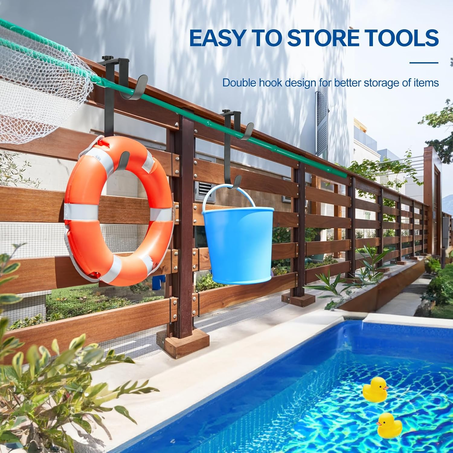 2Pcs Double Pool Pole Hooks, Adjustable Pool Pole Hanger, Metal Equipment Hooks for Hanging Pool Tool, Swimming Pool Accessories for Pool Fence,Wall Pool Tool Holder (Black) image number 1