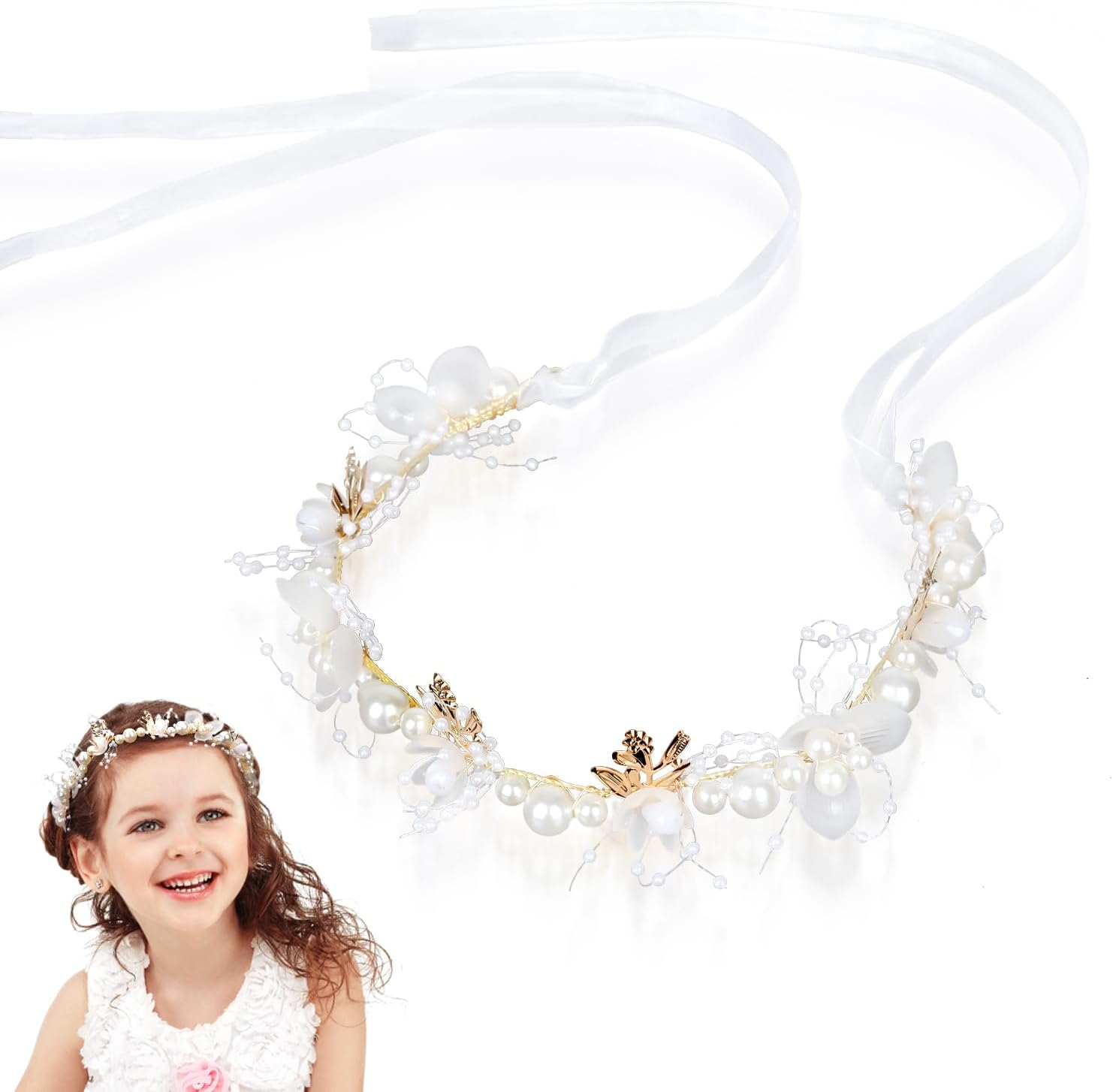 NQEUEPN Flower Girl Hair Accessories, 13.7 X 1.96 Inch Tiara Wedding White Children'S Hair Accessories Adjustable Girl Flower Headband with Pearls Flower Women'S Headband (Gold) image number 3