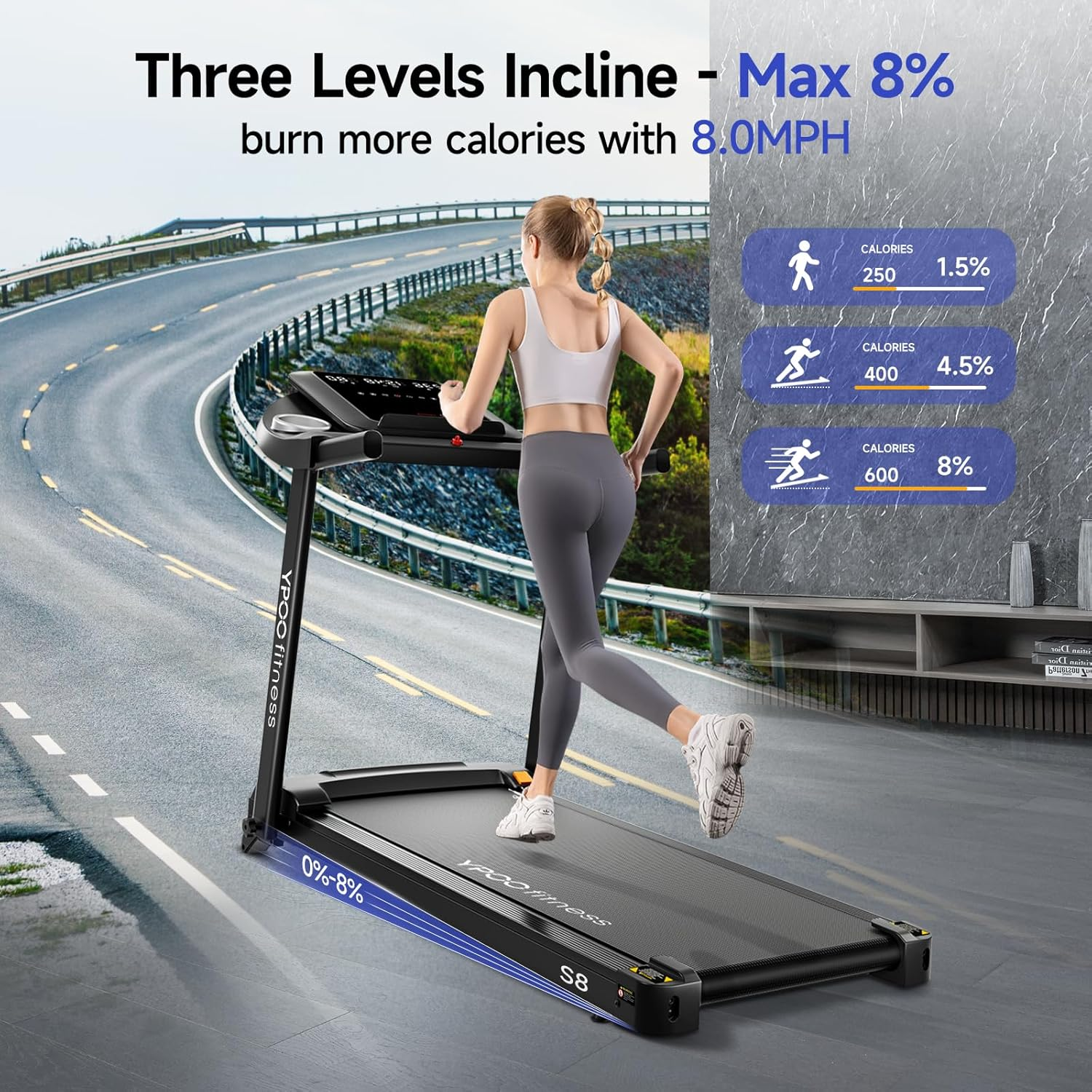 YPOO Treadmills for Home, 8.0 MPH Walking Pad Treadmill with Incline, Foldable Treadmill with Handles, Low Noise Walking Pad with Incline up to 8% for 300 Lbs image number 3