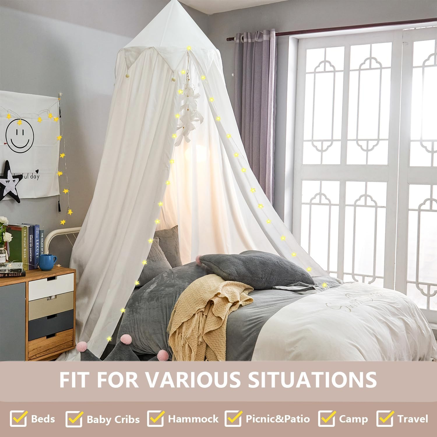 Bed Canopy Kids with Pom Pom, Cotton Princess Canopy with String Light for Girls Child Mosquito Net Cover Canopies Baby Crib Curtain Reading Nook Hanging Tent Nursery Play Game Castle Room Decoration - White image number 4