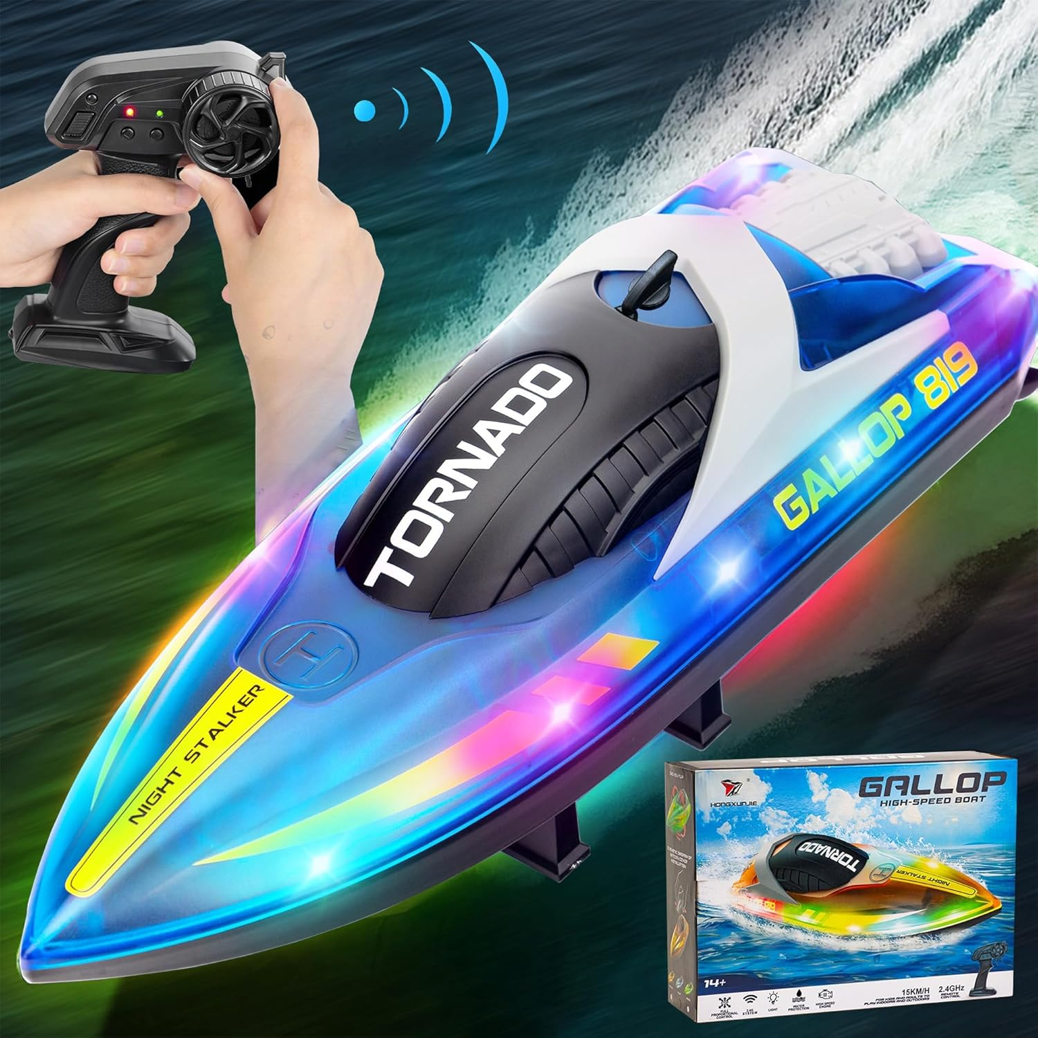 RC Boat with 2 Rechargeable Battery, 30+ MPH Fast Remote Control Boat with Storage Package, 2.4G Large RC Electric Boats Pool and Lakes Toys with LED Lights for Adults and Kid (709-Orange)