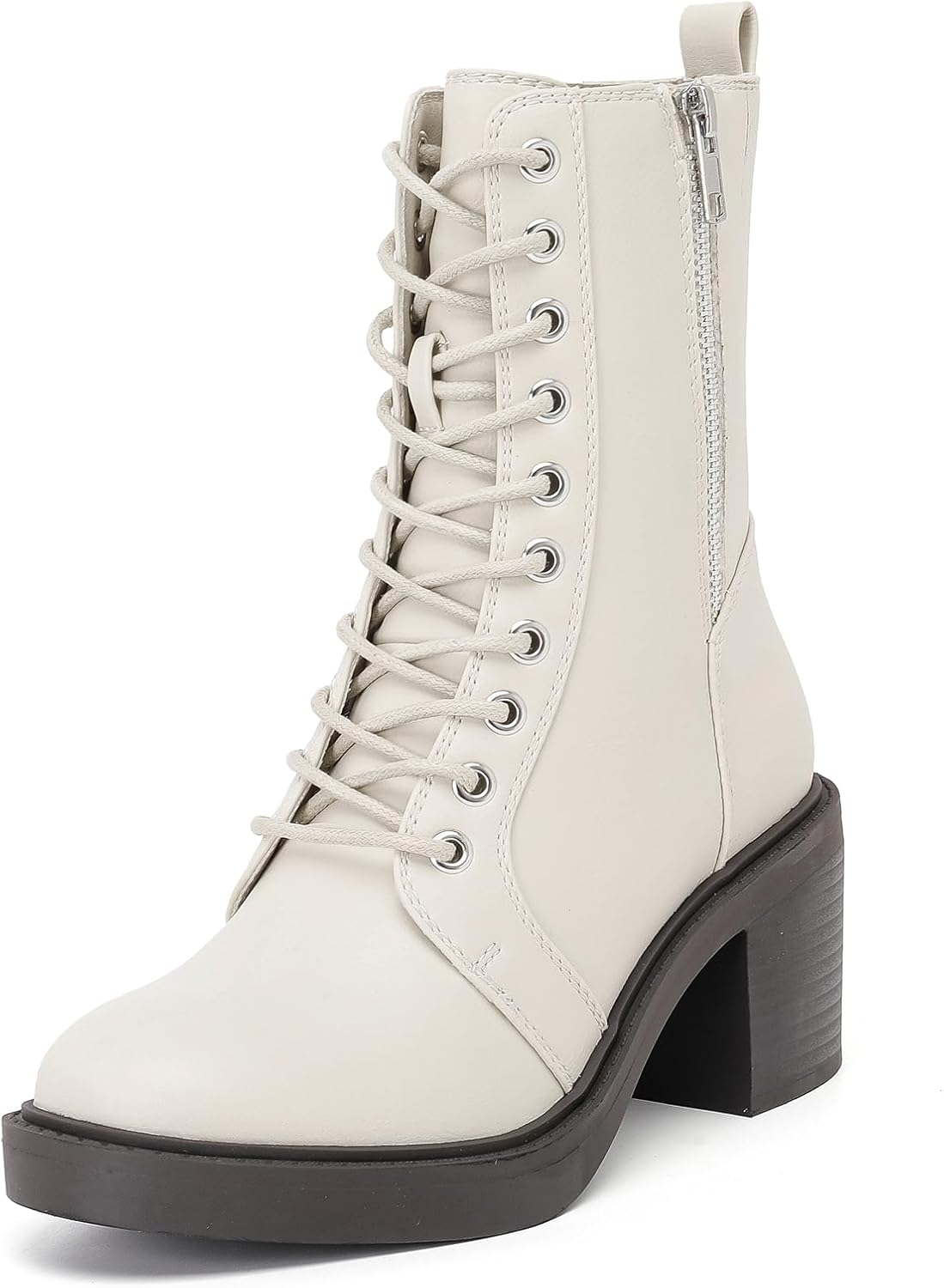 Ruiee Women'S Ankle Boots, Mid Calf Chunky Block Heel and Comfortable round Toe Lace up Fashion Combat Fall Winter Booties for Women.