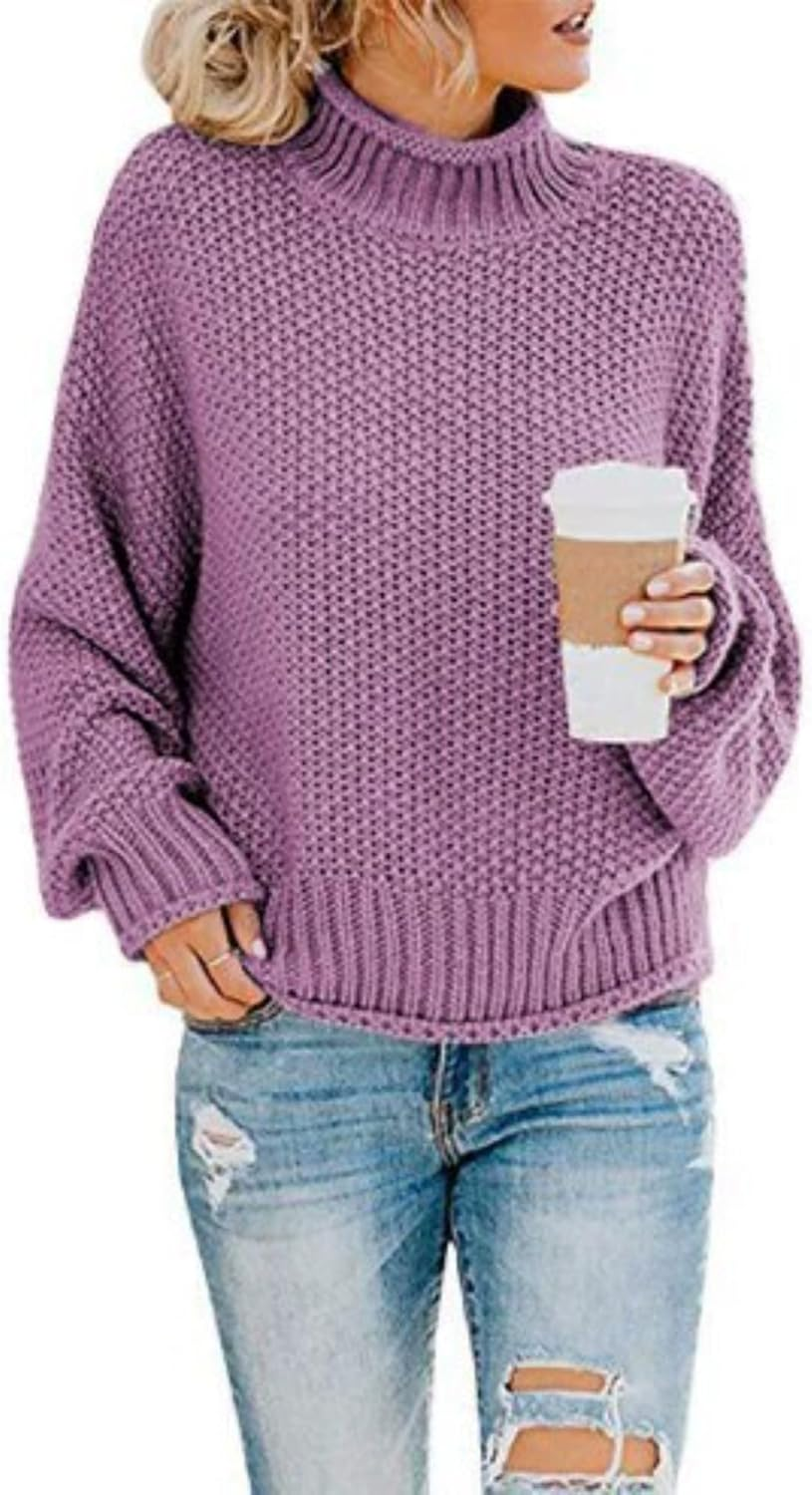 Womens Chunky Knit Slouchy Turtleneck Pullover Batwing Long Sleeve Pullover Loose Solid Casual Pullover Fall Tops Jumper image number 5