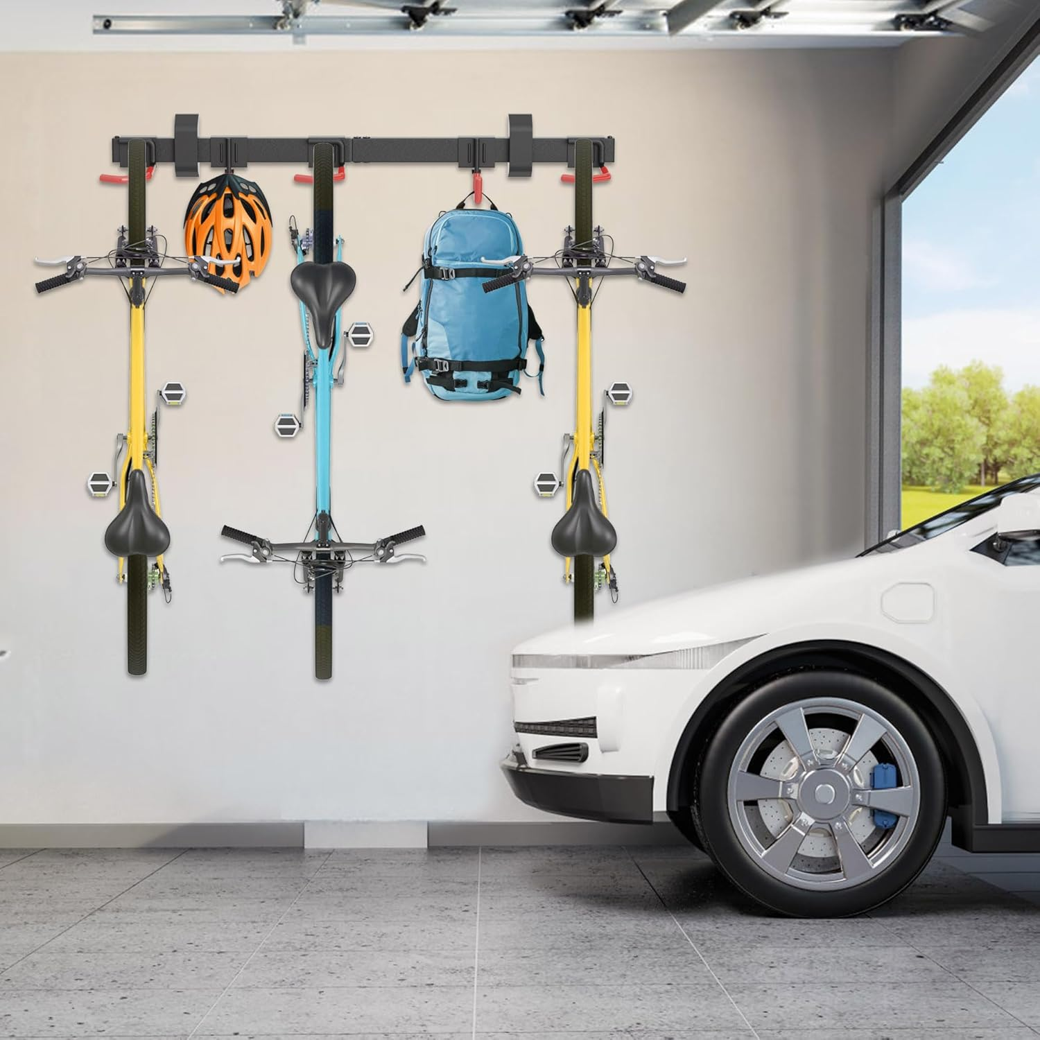 Mimoke Bicycle Wall Mount Vertical | Suitable for All Bicycles | Adjustable Hooks | Organisation Solution for Home and Garage (For 3 Bikes 2 Helmet Hooks) image number 3