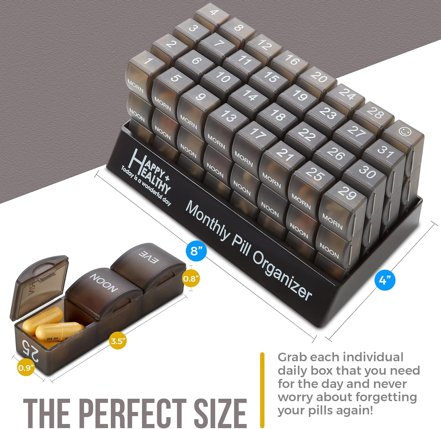 Month Pill Box Organizer - 32 Compartments | Morning-Noon-Night - 30 Day Pill Case with 32 Daily Compartments for Vitamins, Supplements, Medication - Travel Monthly Pill Organizer 3 Times-A-Day, Grey image number 5