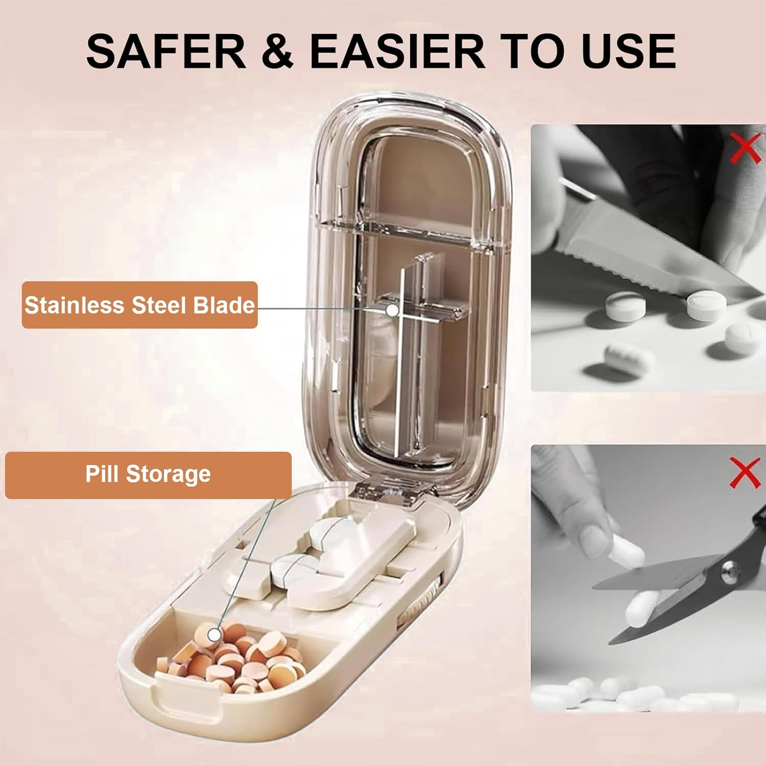 Adjustable Pill Cutter & Splitter with Multi-Compartment Box &ndash; Precise 1/4 Cutting for Small & Large Pills, Portable & Easy to Use for Seniors, Travelers, Daily Medication image number 1