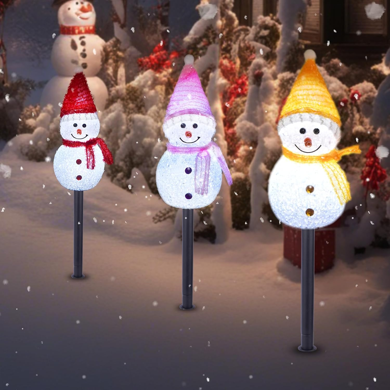 Solar Christmas Pathway Lights Outdoor Decor, Set of 3 Led Snowman Stake Lights, Waterproof Walkway Landscape Light for Winter Yard, Garden, Solar Christmas Decorations image number 4