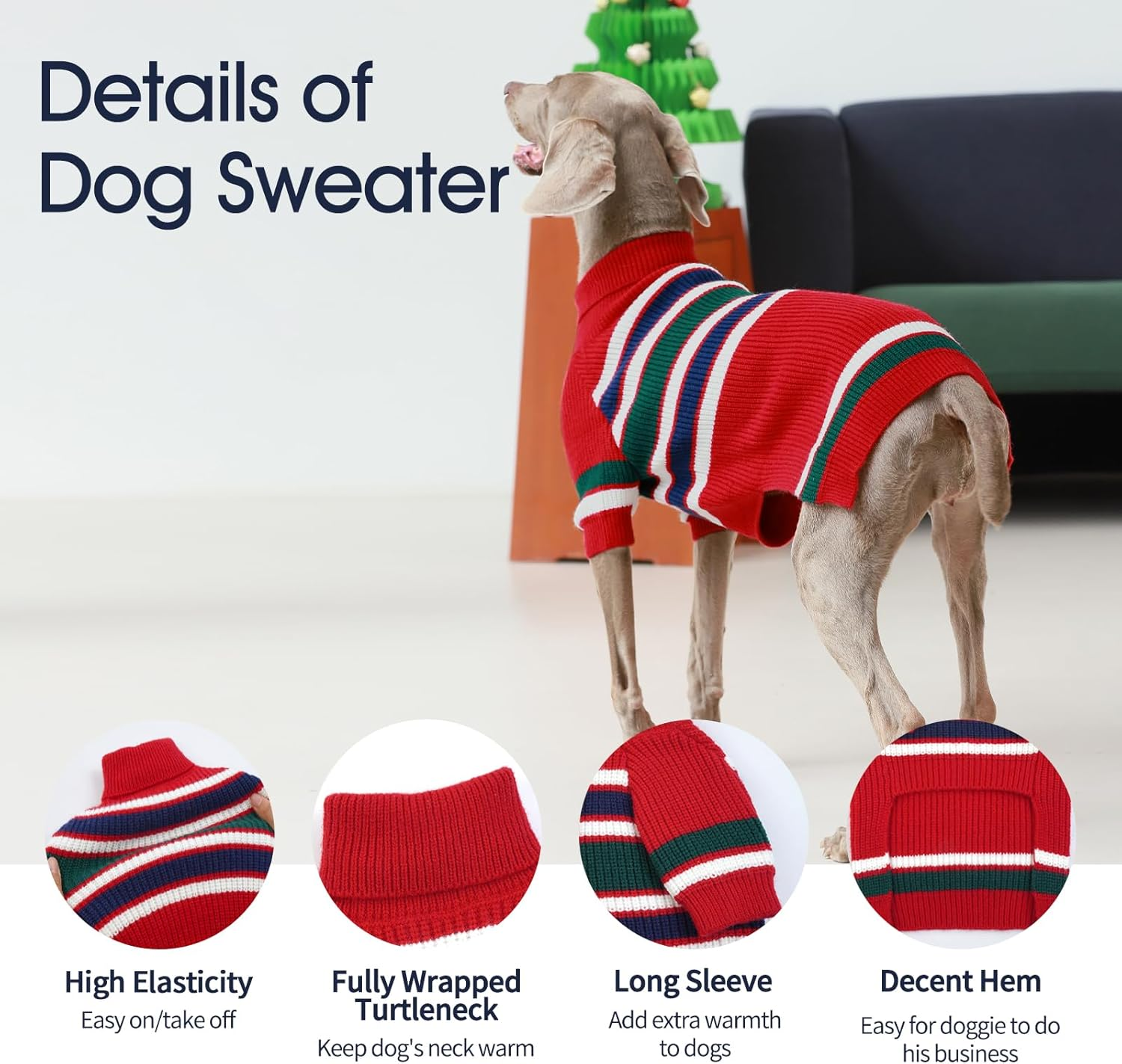 Iecoii XXL Dog Sweaters - Turtleneck Pullover for Extra Large Dogs, Holiday Christmas Dog Sweatshirt for Pitbull, Border Collie, Red image number 6