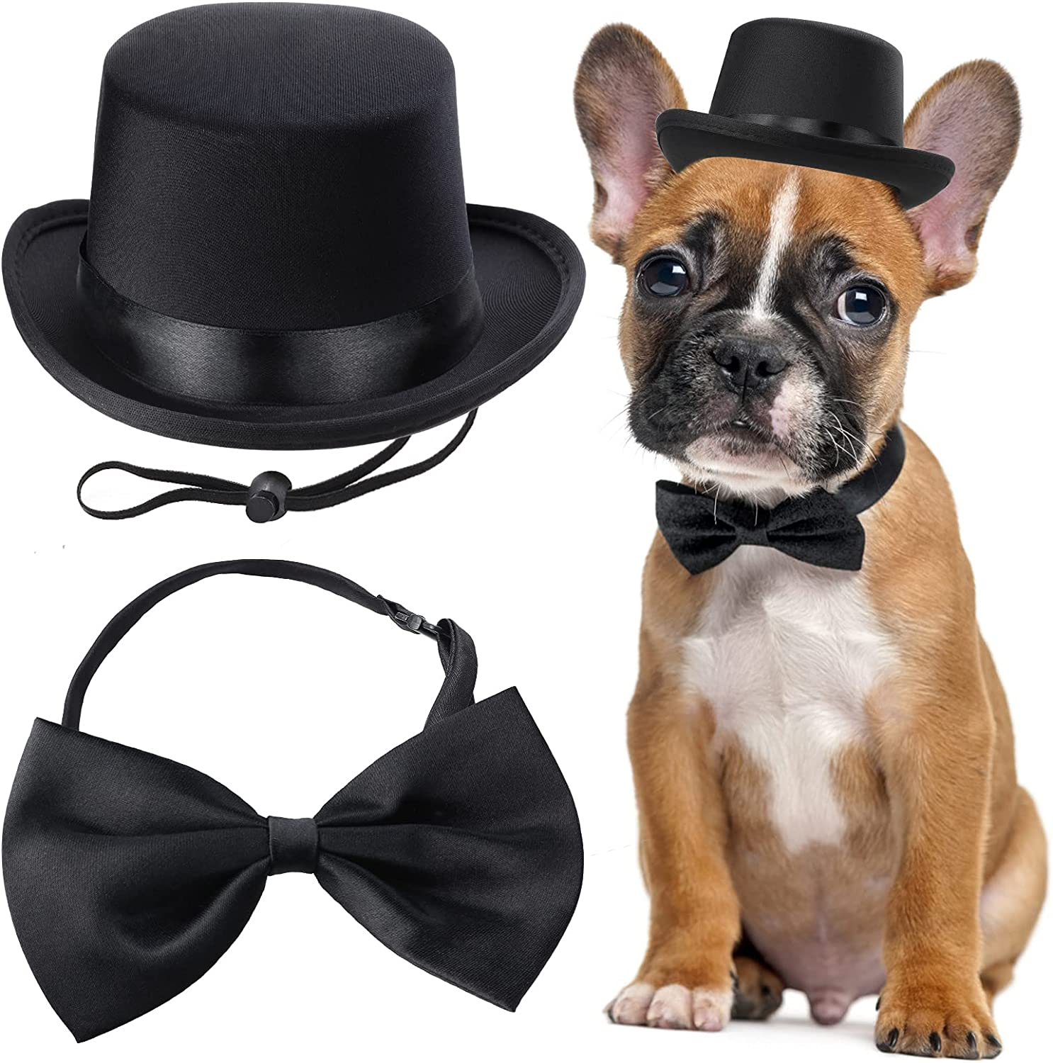 Yewong 2 Pieces Pet Formal Accessories Set - Top Hat with Necktie/Bowtie for Dog Cat Birthday Party Graduation Halloween Costumes (Black-A) One Size