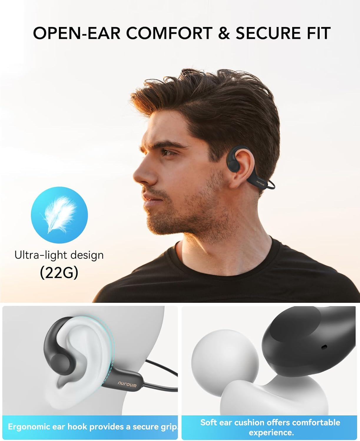 Nuroum OW10 Open Ear Headphones, Bluetooth 5.3 Sports Headphones Wireless with Air Line, IPX6 Waterproof, Noise Cancellation, 10H Runtime, Wireless Headphones for Running, Jogging, Driving image number 5