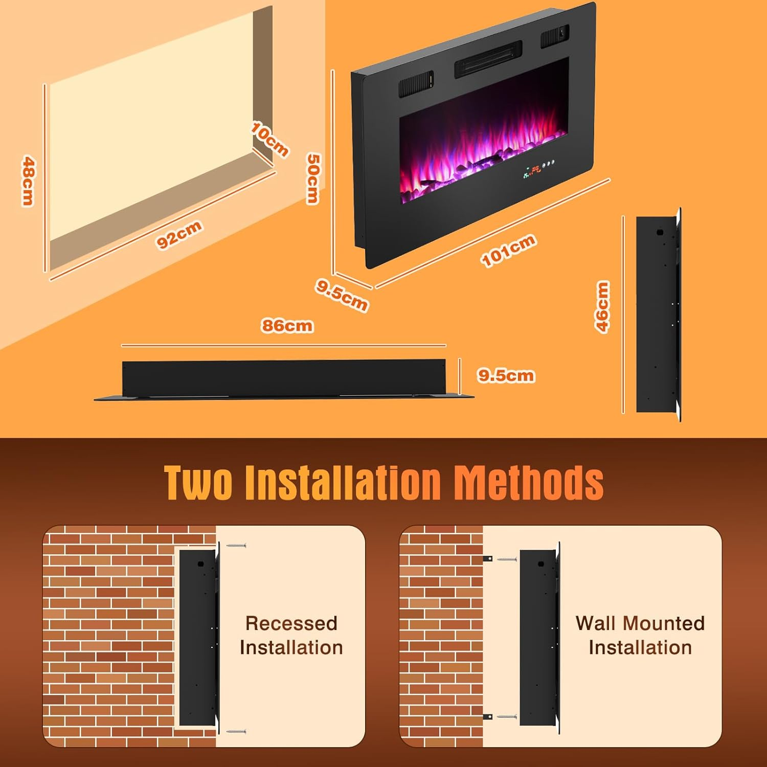 Electric Fireplace Inserts, 1000W/2000W Recessed/Wall Mounting Space Heater with 10 Flame Colors Timer Flame Display Brightness Adjustable image number 6