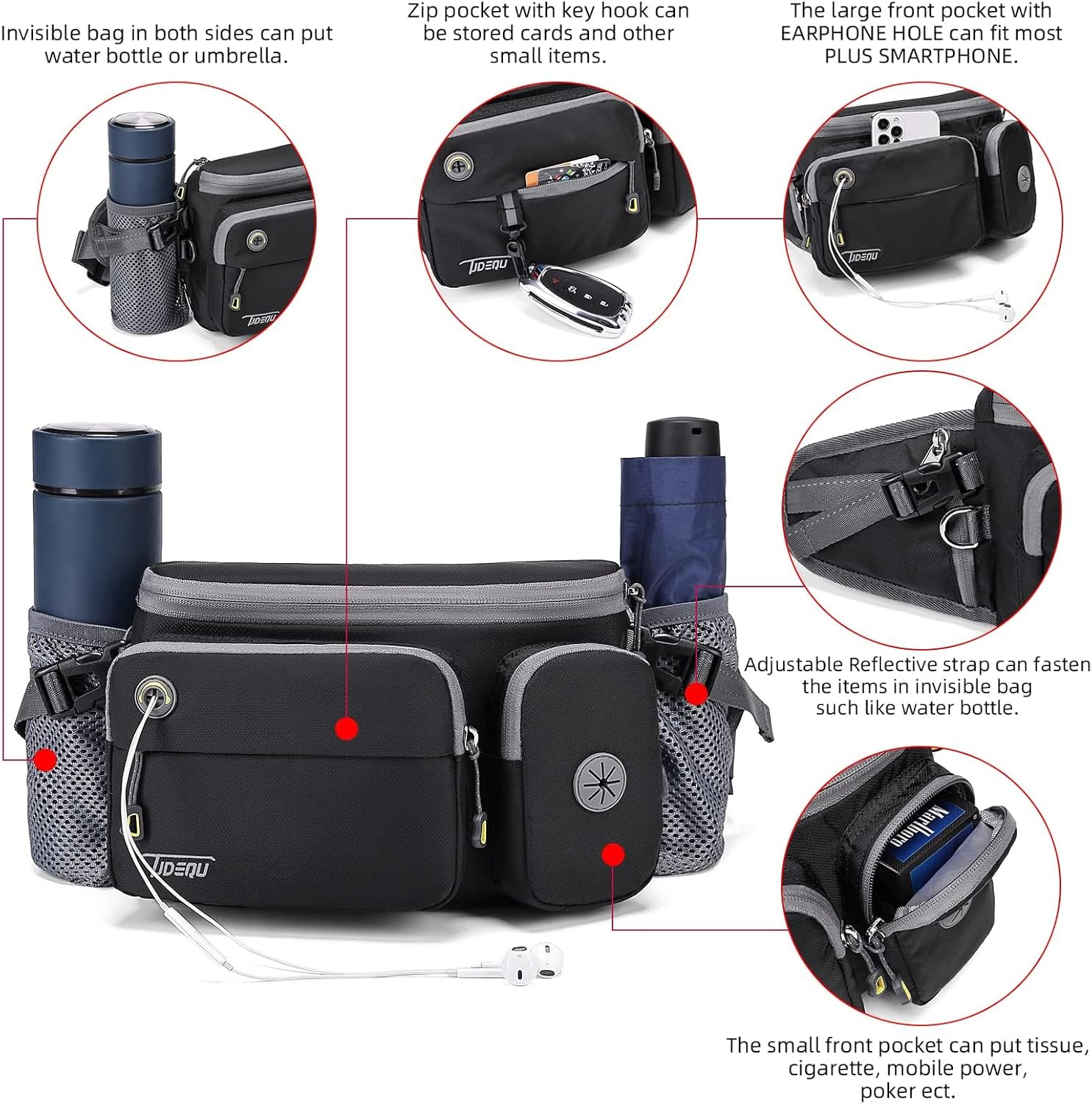 TUDEQU Large Fanny Pack with Water Bottle Holders,Dog Walking Fanny Pack,Hiking Waist Pack,Mens Fanny Pack,Waist Bag - Black image number 4