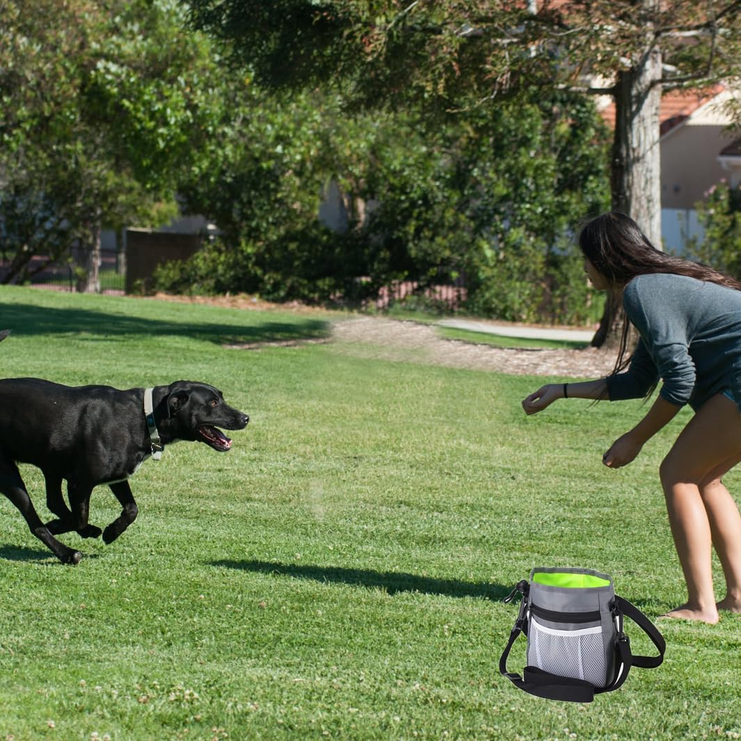 Dog Treat Pouch 1 Pack, Dog Training Pouch with 3 Ways Easily Access to Pet Toys, Kibble, Treats, with Waist Belt, Shoulder Strap- Build-In Waste Bag Dispenser Dog Treat Bag(Black)