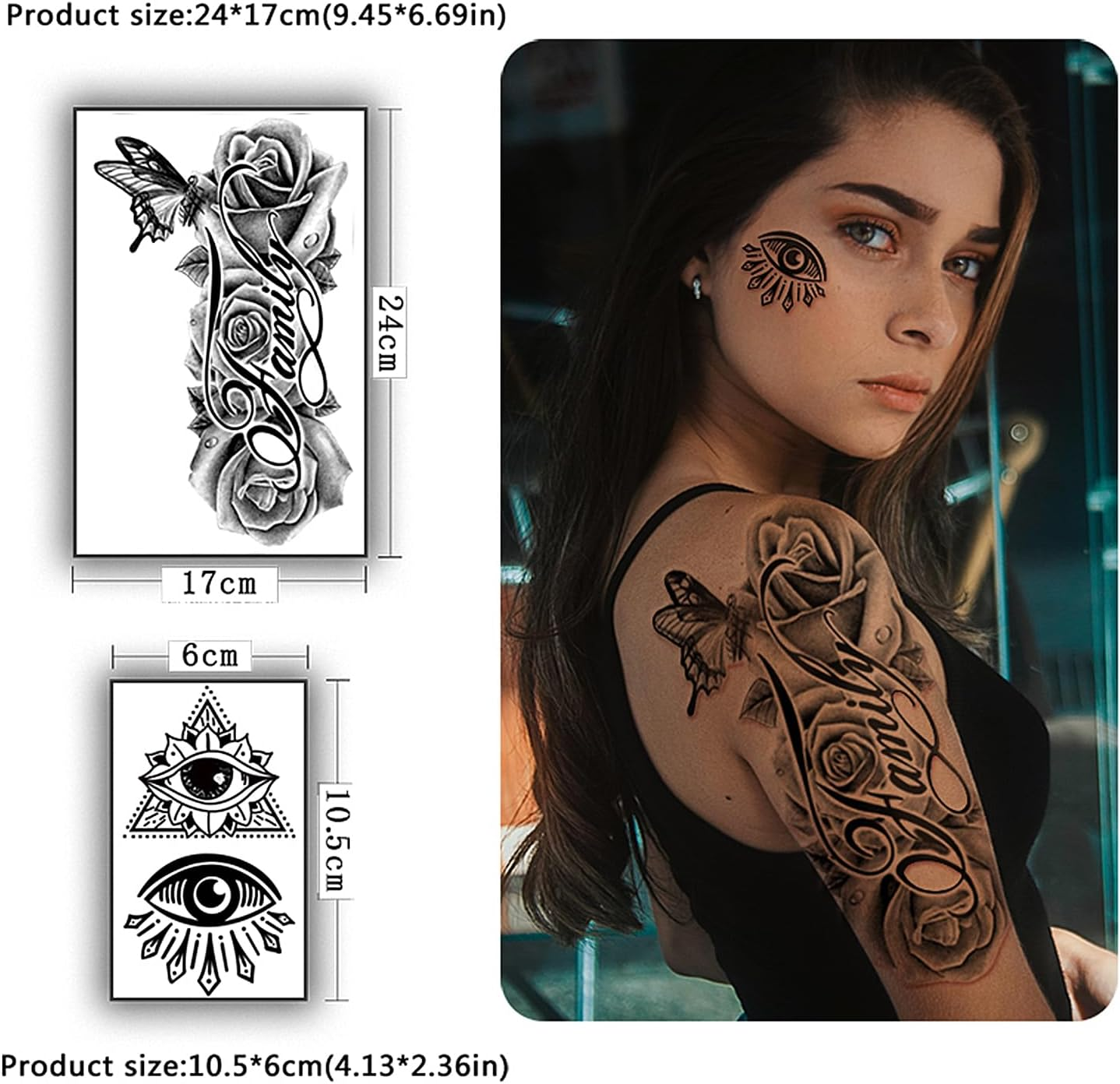 Yazhiji 36 Sheets Temporary Tattoos Stickers, 12 Sheets Fake Body Arm Chest Shoulder Tattoos for Men or Women with 24 Sheets Tiny Black Tattoos image number 3