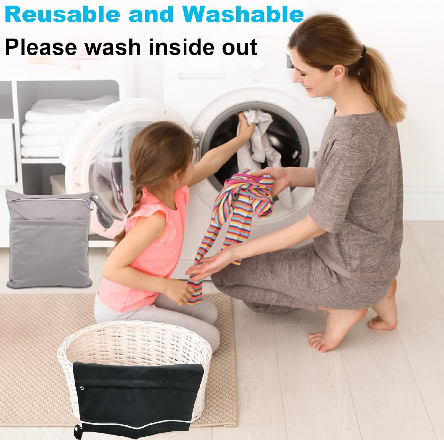 2 Pack Travel Laundry Bag with 2 Zippered Pockets & Handle 39 * 45Cm Water-Resistant Wet Dry Bags for Dirty Clothes, Gym, Swimming, Yoga, Bathing Suits (Black + Grey) - 1 Black + 1 Grey image number 2